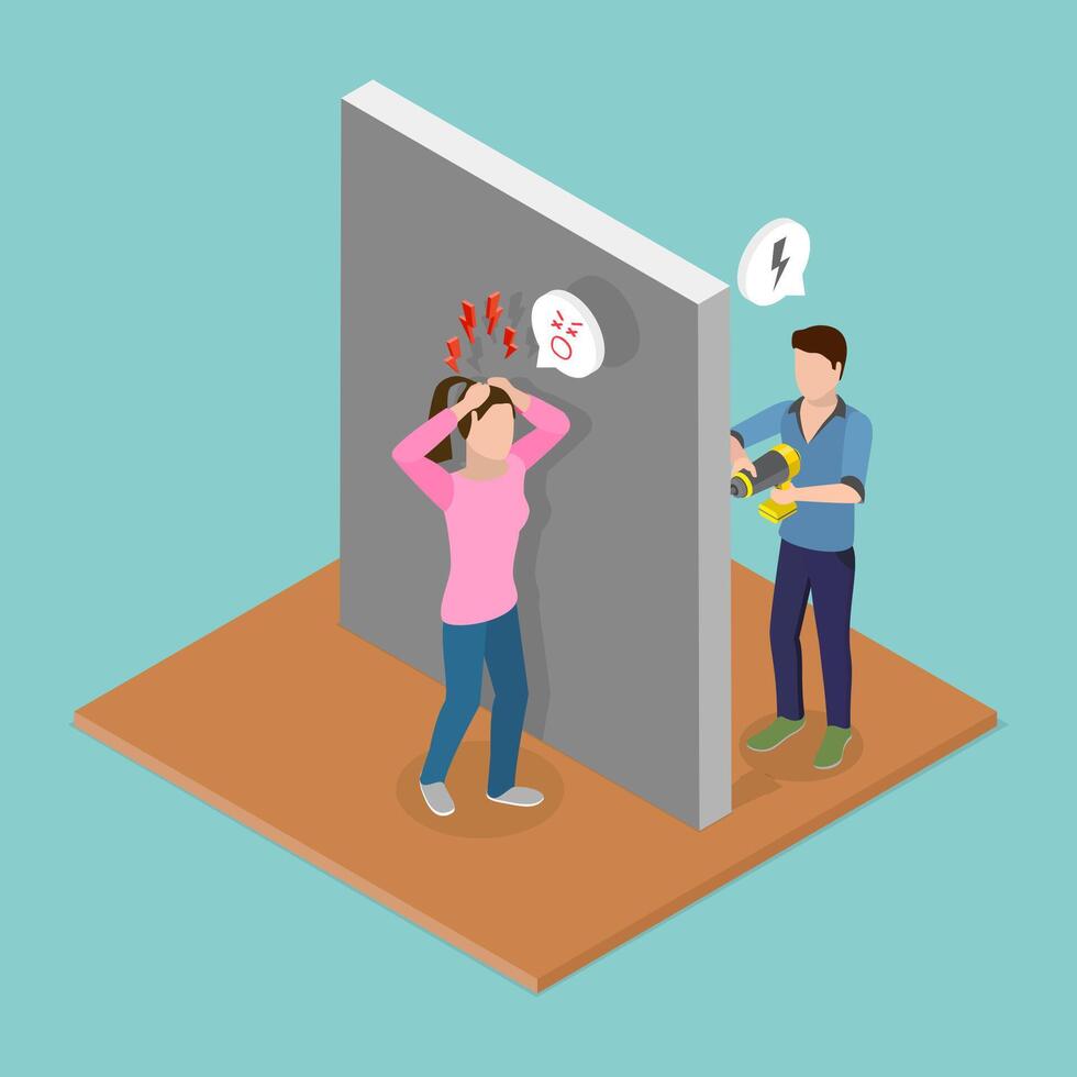 3D Isometric Flat Illustration of Loud Neighbor, Woman Irritated by Noisy Neighbors Home Repairs vector