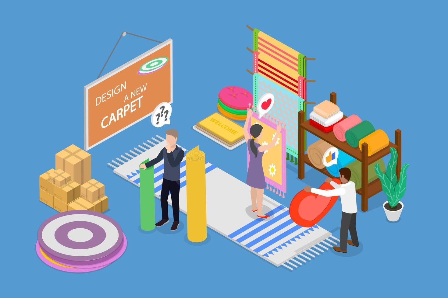 3D Isometric Flat Illustration of Textile Shop, Manufacture, Sale of Carpets and Materials vector