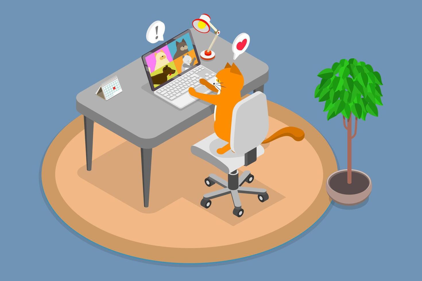 3D Isometric Flat Illustration of Videoconference Of Pets, A Home Animal Chatting with Friends through Online Conference on Laptop vector