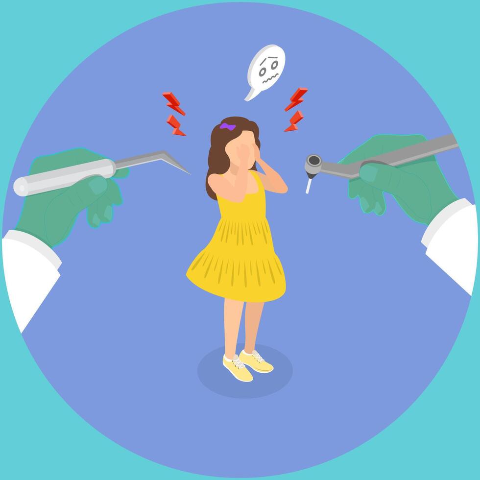 3D Isometric Flat Illustration of Fear of Dentists, Dentaphobia vector