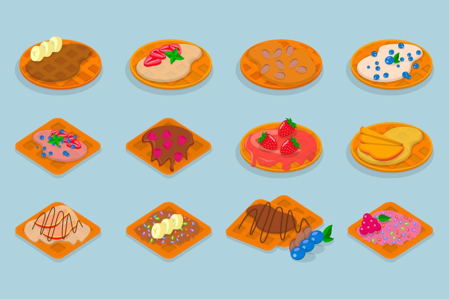 3D Isometric Flat Illustration of Homemade Pastry, Assorted Belgian Waffles with Fresh Berries, Cream, and Icecream vector