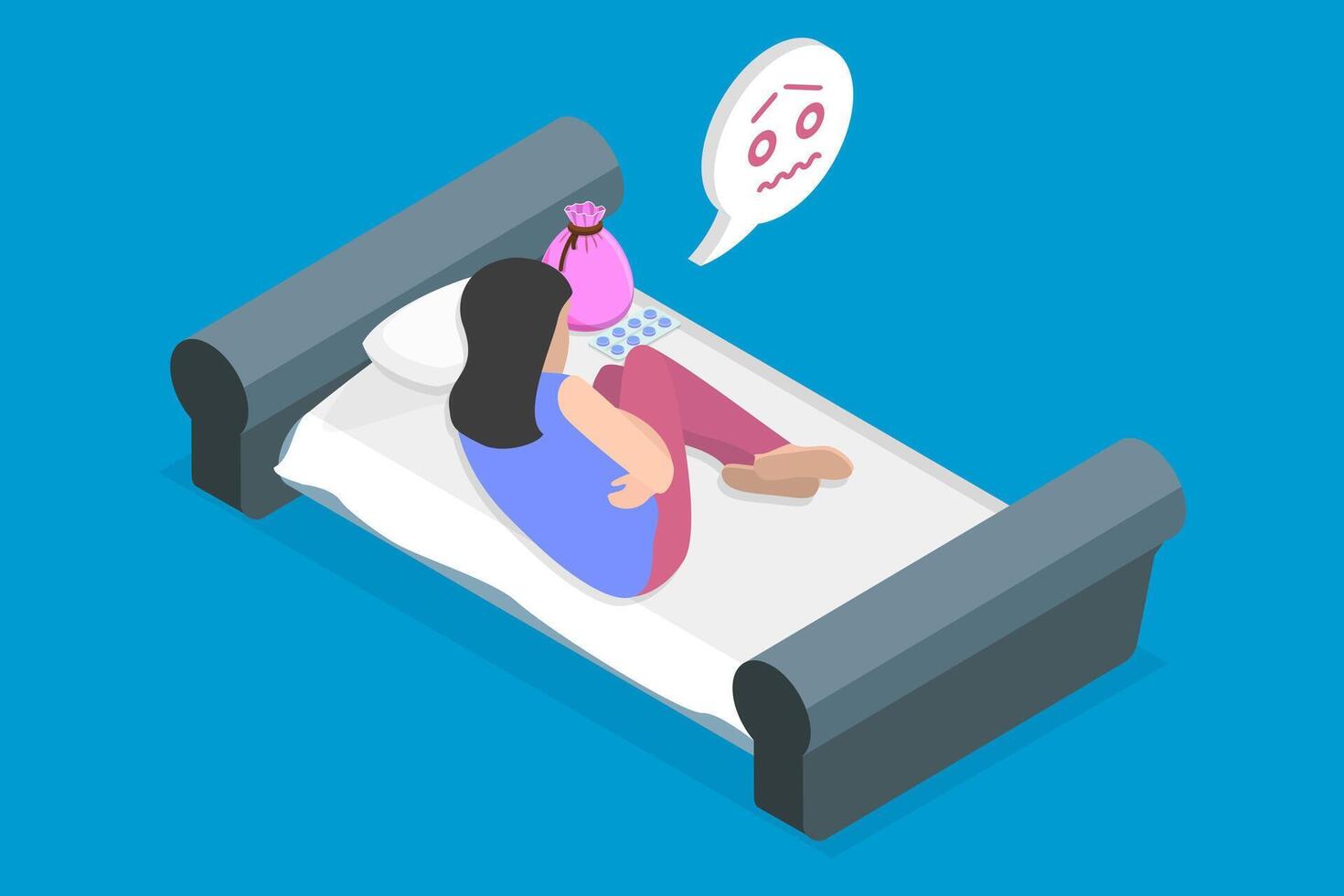 3D Isometric Flat Illustration of Period Pain, Suffering Menstrual Abdominal Pain vector