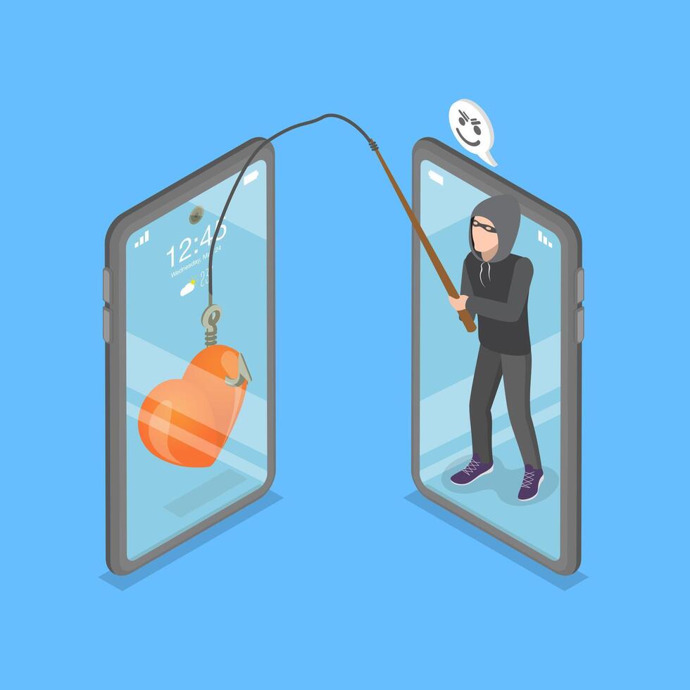 3D Isometric Flat Illustration of Online Dating Scam, Fake Romance vector