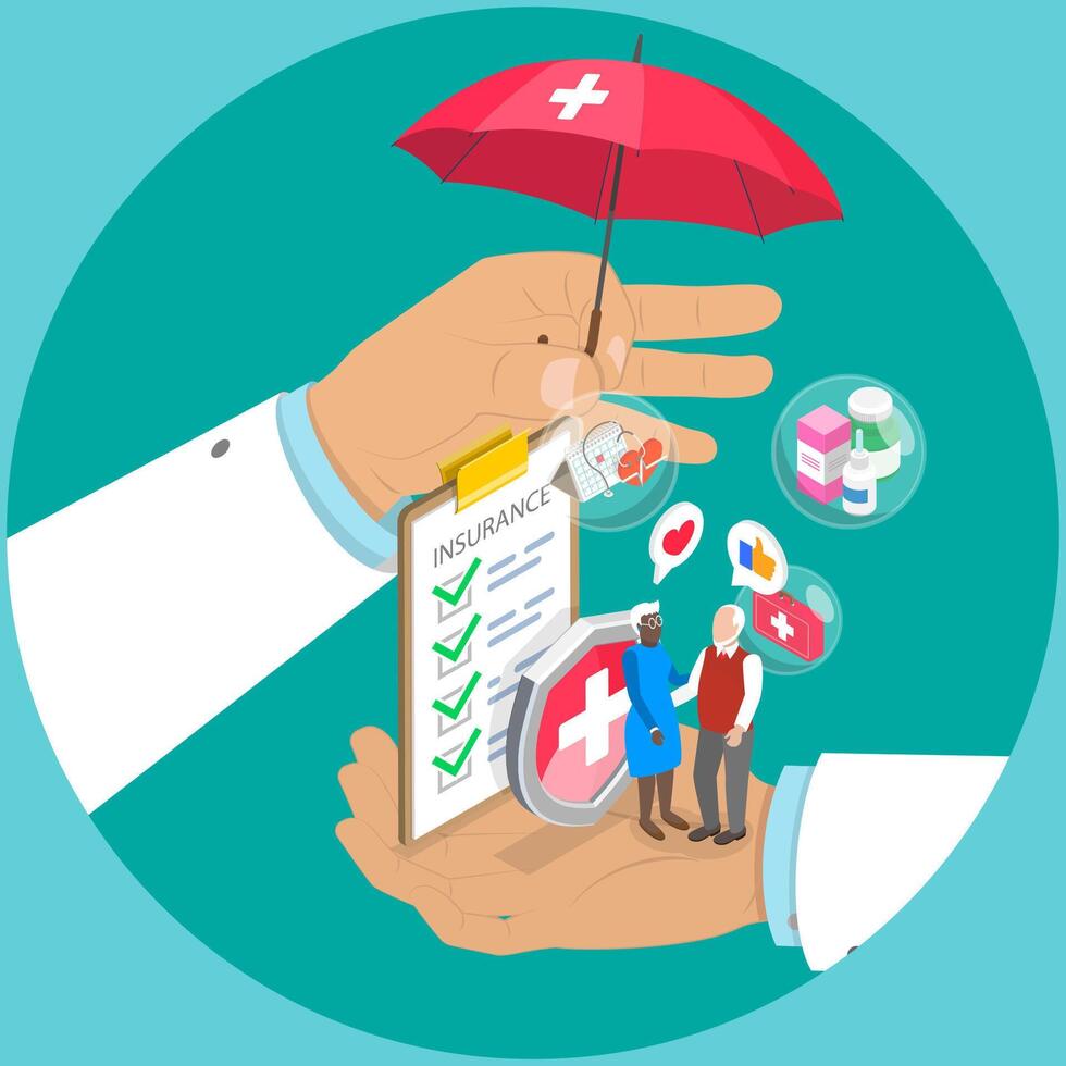 3D Isometric Flat Illustration of Insurance Plan For Senior , Medicine and Healthcare for Eldery vector