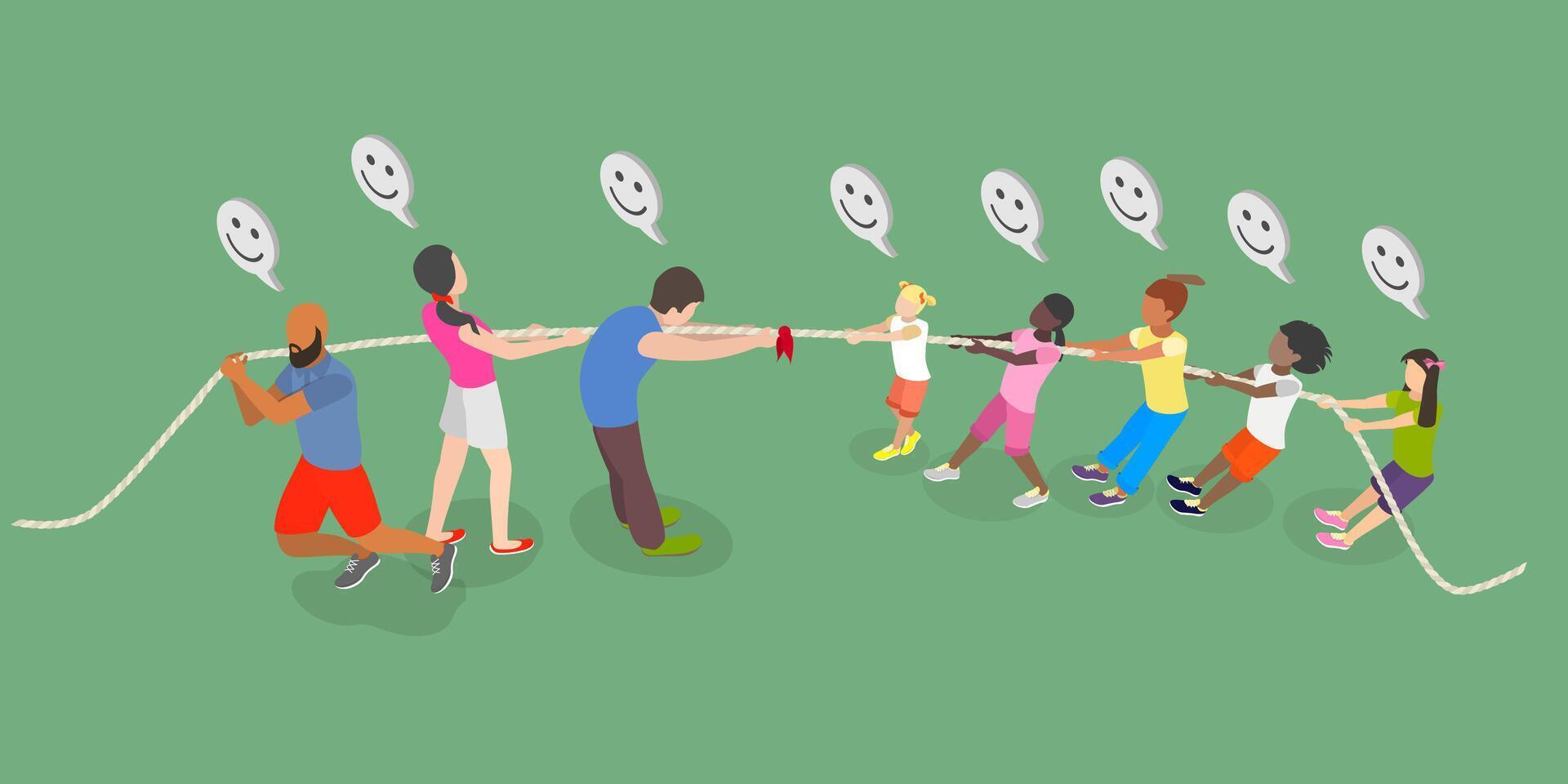 3D Isometric Flat Illustration of Family Competition, Kids and Adults Compete Test Strength and Teamwork vector