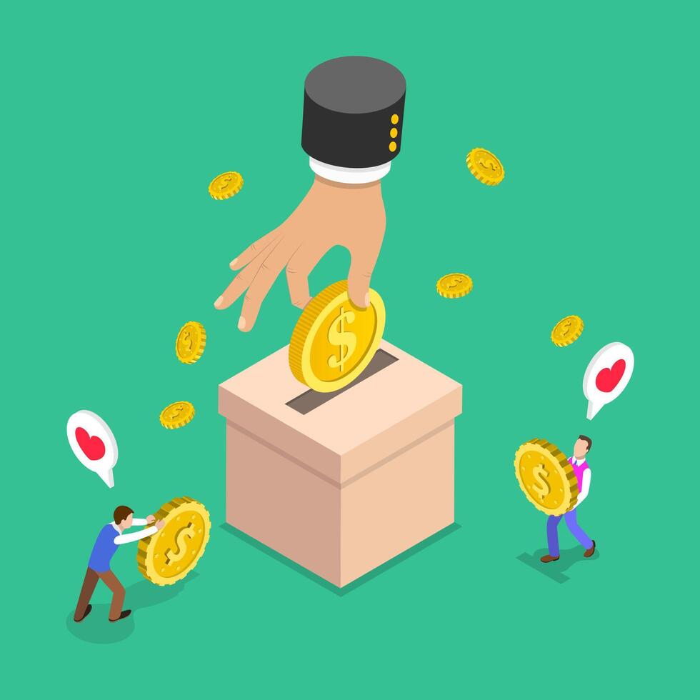 3D Isometric Flat Illustration of Donation And Charity , Care and Support for Vulnerable Segment vector