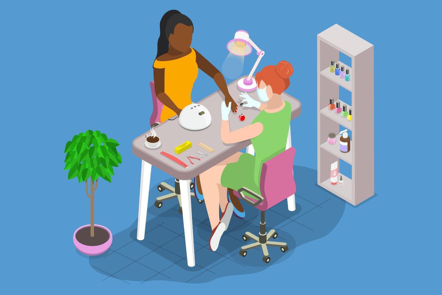 3D Isometric Flat Illustration of Manicurist, Female Client Receives Manicure from Beautician at Salon vector