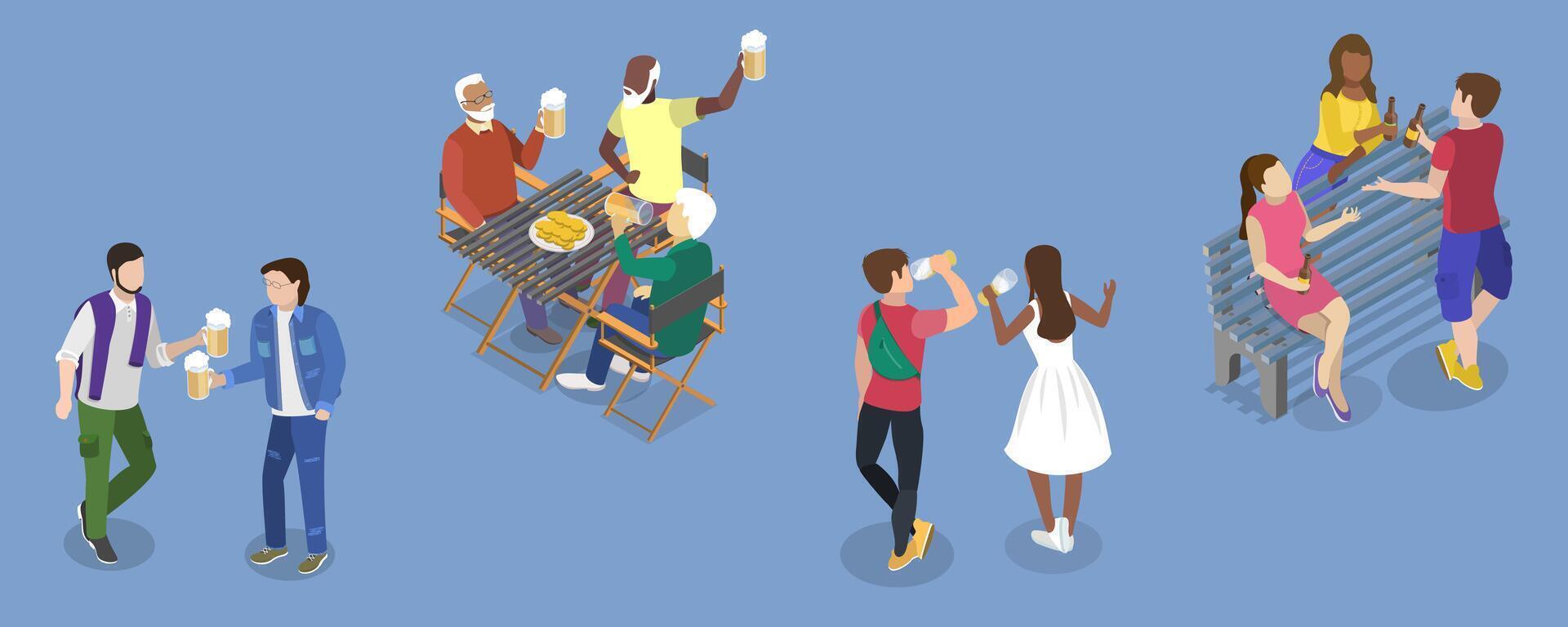 3D Isometric Flat Illustration of People Enjoy Beer, Refreshing and Sociable Qualities of the Drink vector