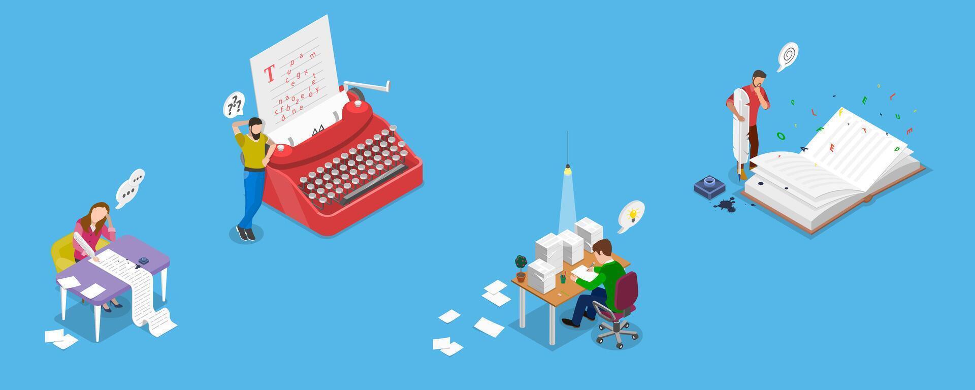 3D Isometric Flat Illustration of Writers Or Poets , Literature as Hobby or Profession vector