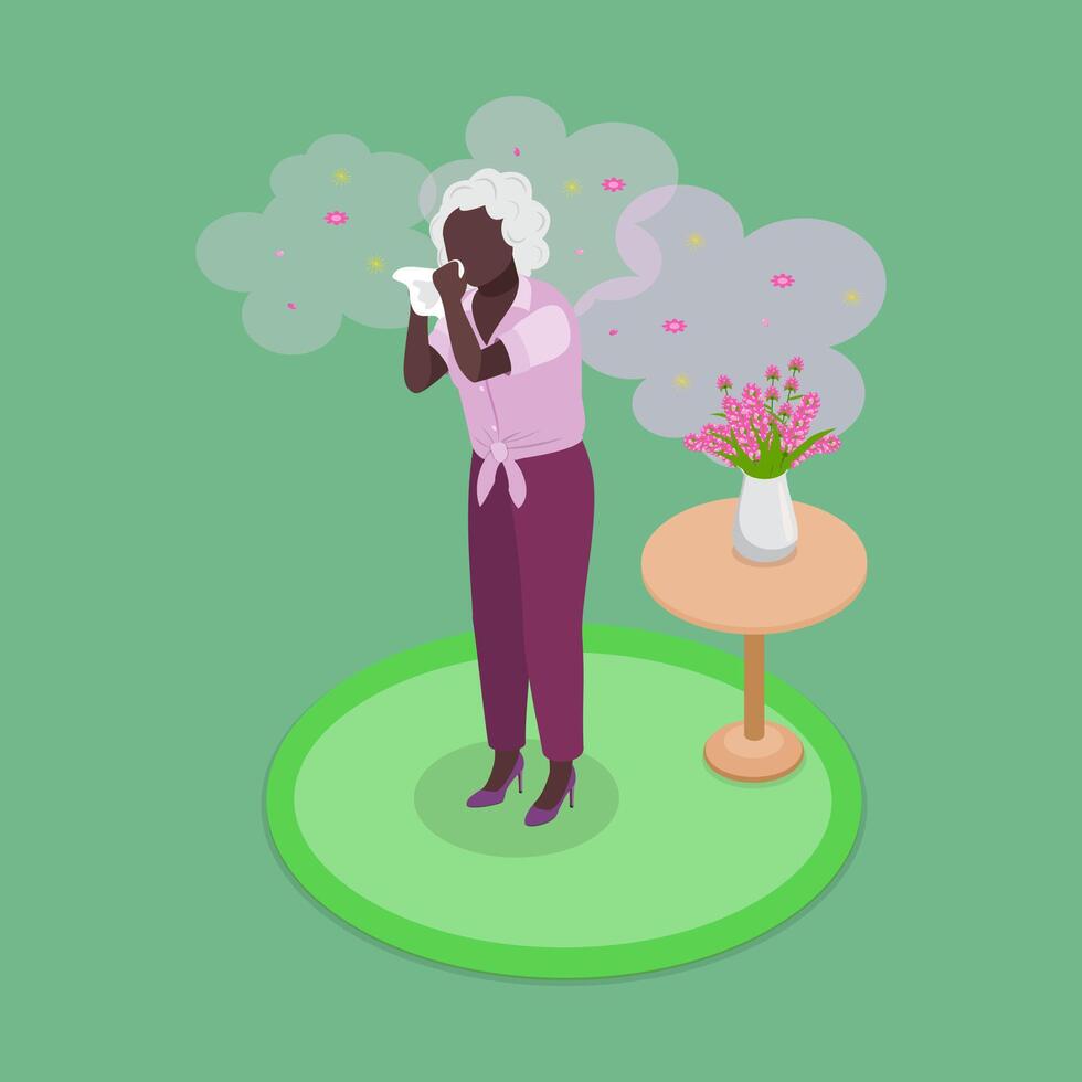 3D Isometric Flat Illustration of Pollen Allergy, Experiencing Allergy Symptoms During Springtime Blooms vector