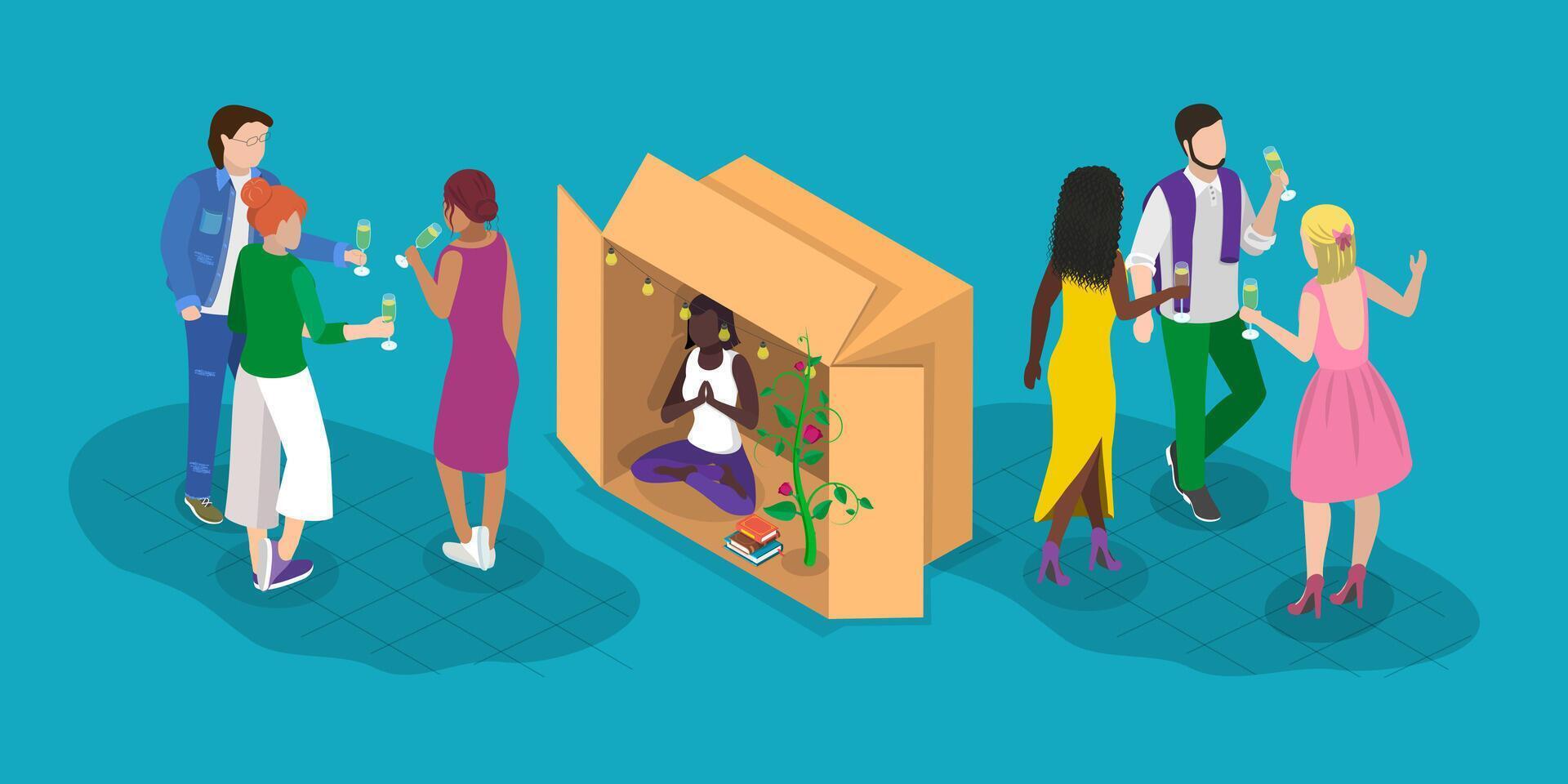 3D Isometric Flat Illustration of Introvert Vs Extravert, Open and Closed Persons vector