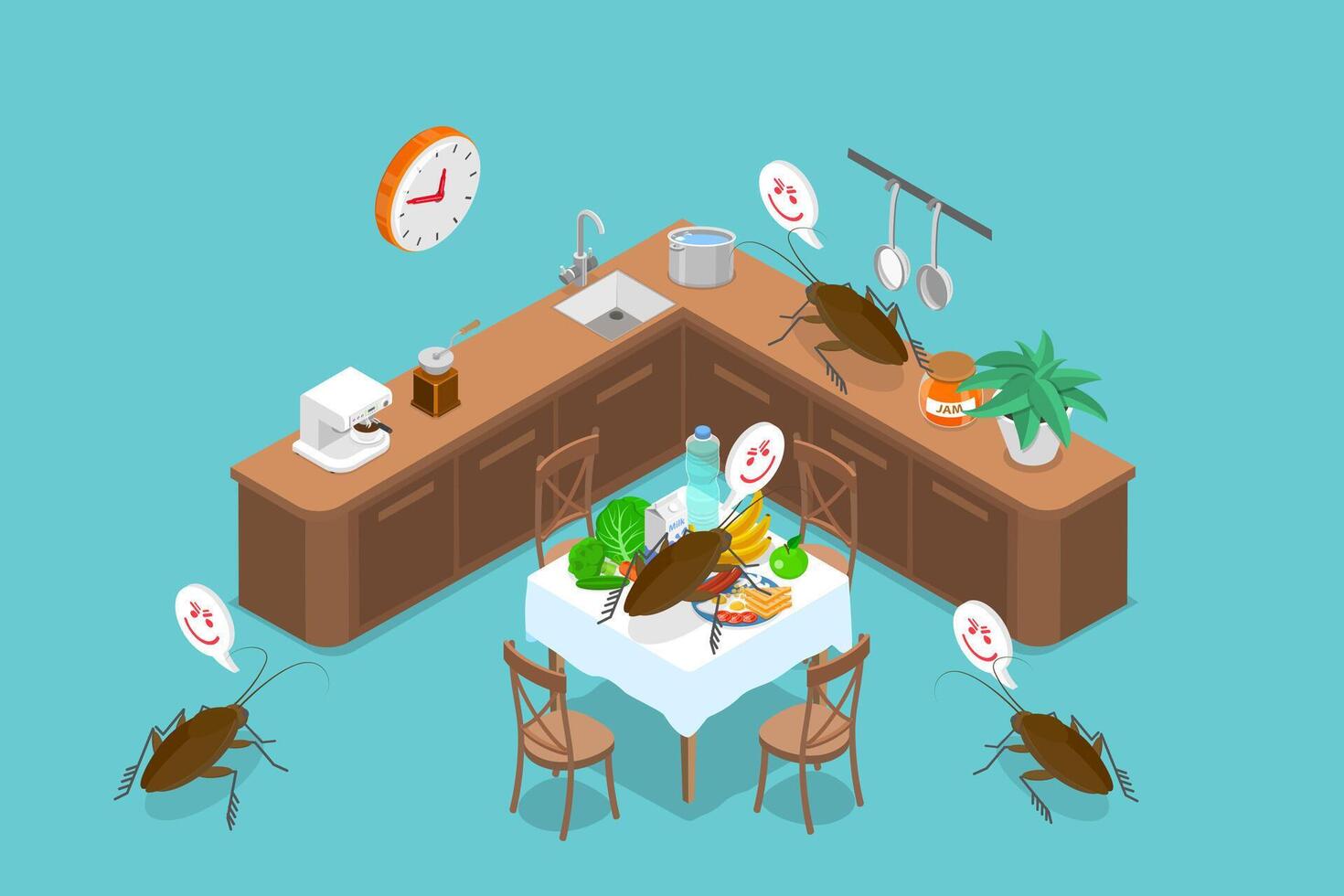 3D Isometric Flat Illustration of Cockroach In Home Kitchen, Bugs Causing a Threat to Hygiene vector