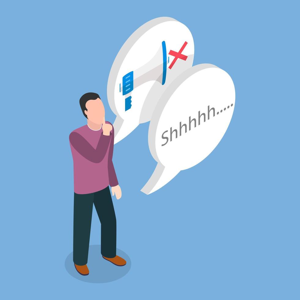 3D Isometric Flat Illustration of Please Keep Quiet, Stop Talking or Making Noise vector