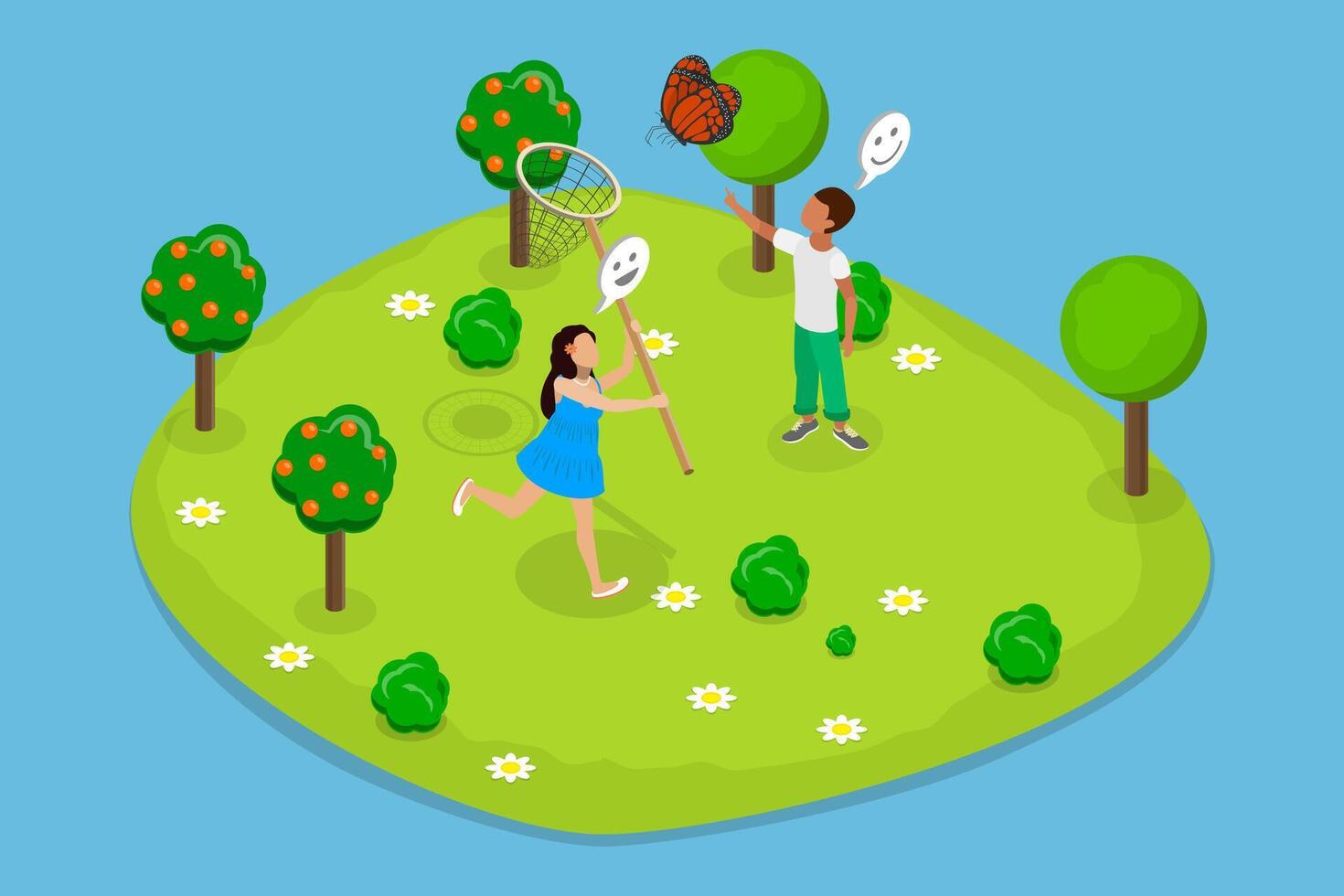 3D Isometric Flat Illustration of Summer Games, Kids Capturing Fluttering Butterfly Using Net vector