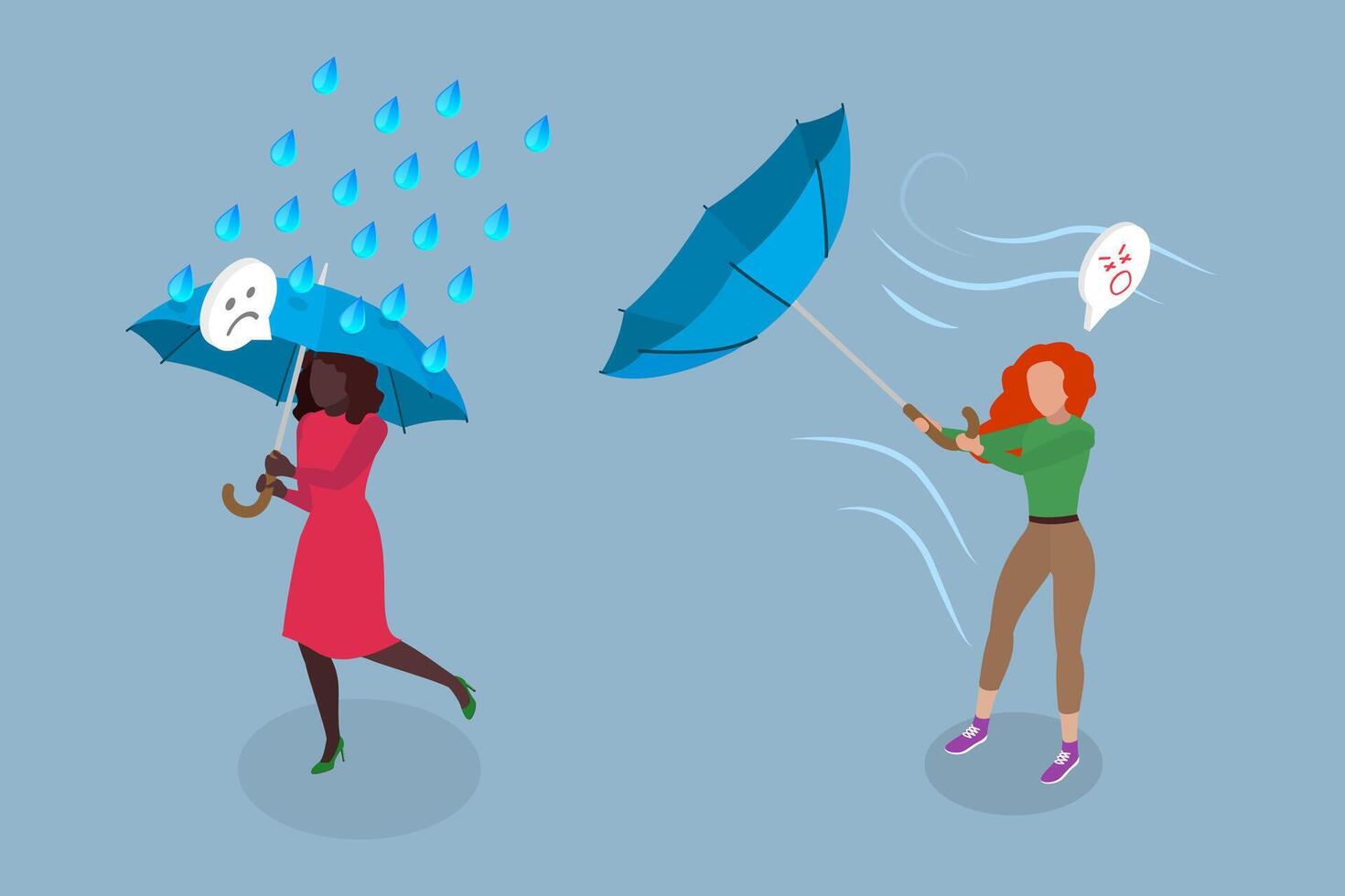 3D Isometric Flat Illustration of Rainy Windy Day, Pedestrians with Umbrellas in Hand vector