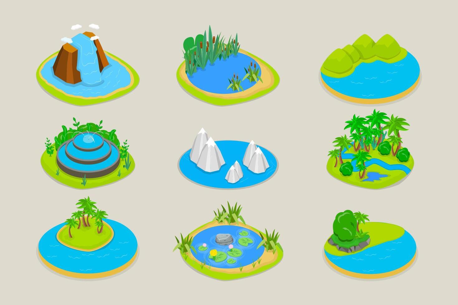 3D Isometric Flat Set of Natural Water Landscape , River, Waterfall, Pond, and Fountain vector