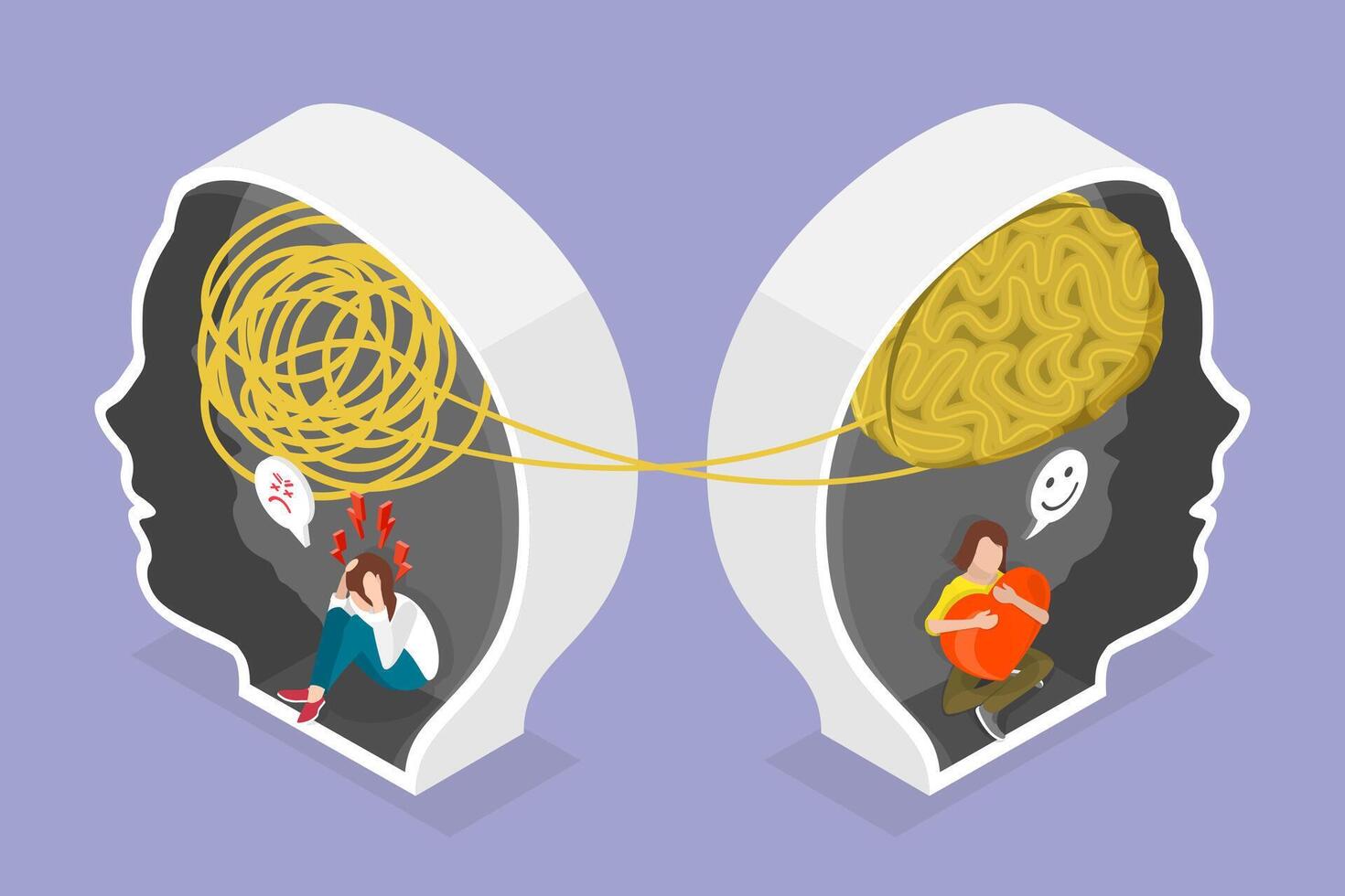 3D Isometric Flat Illustration of Psychology And Bipolar Treatment, Mental Health Problems vector