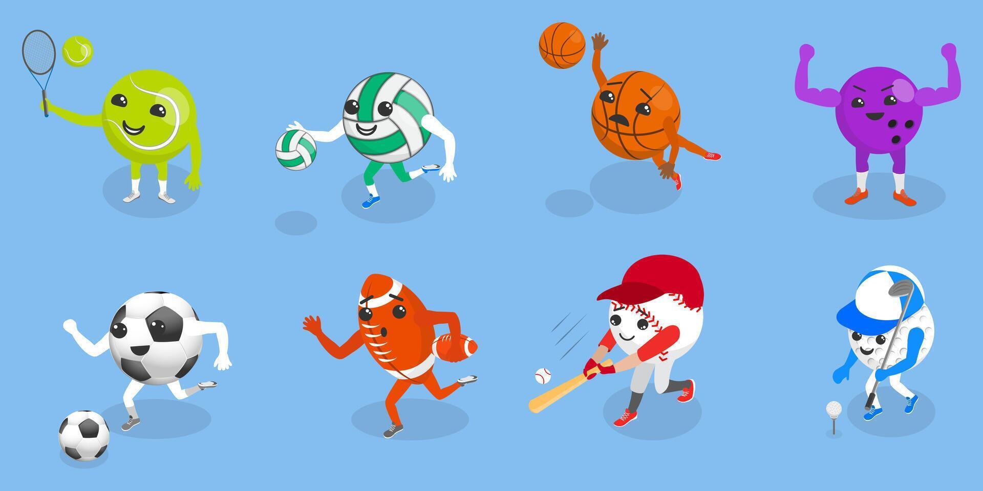 3D Isometric Flat Set of Cartoon Sport Ball Mascot, Funny Cartoon Characters vector