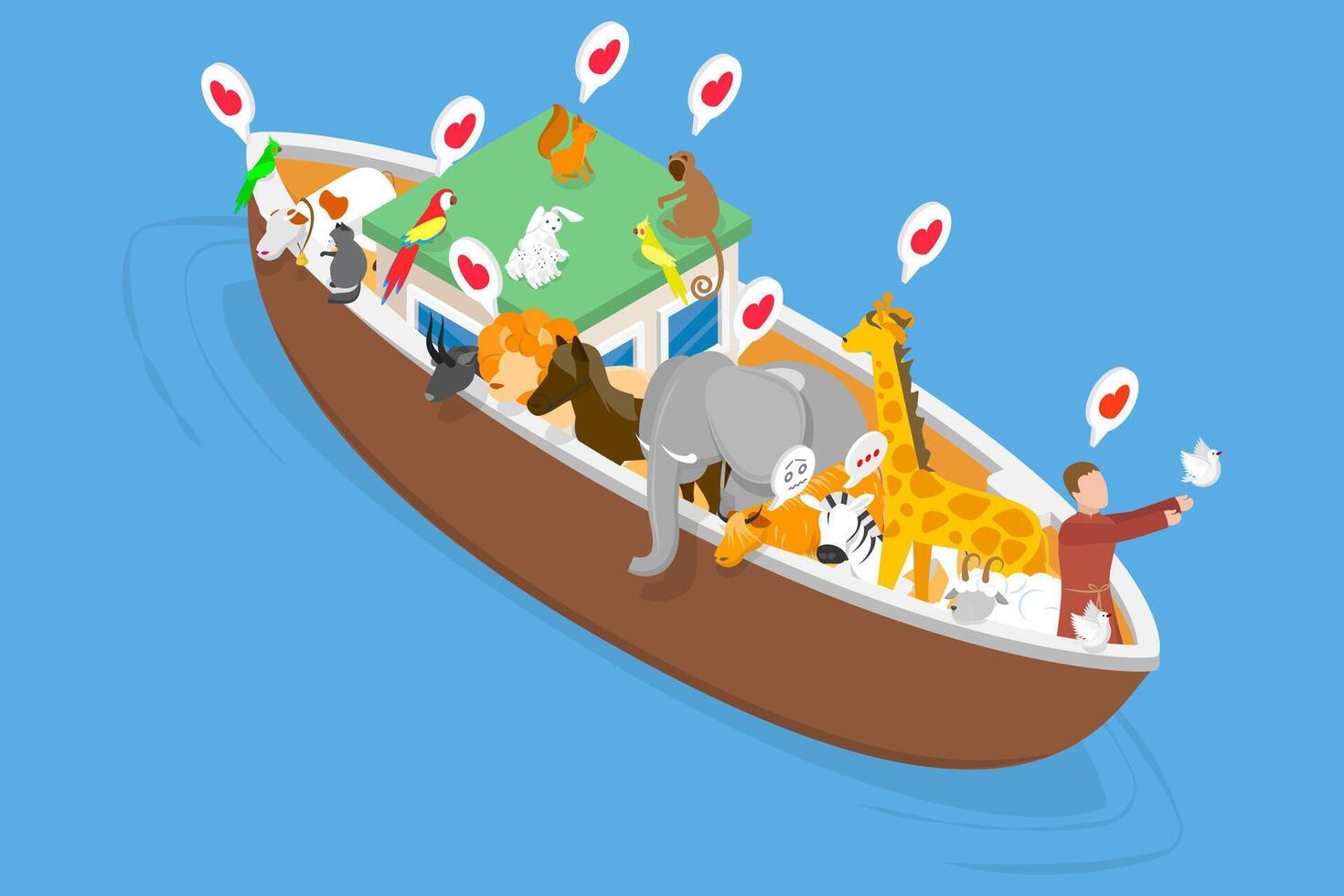 3D Isometric Flat Illustration of Ark And Noah, Noah releases dove from ark in Genesis flood narrative scene. vector
