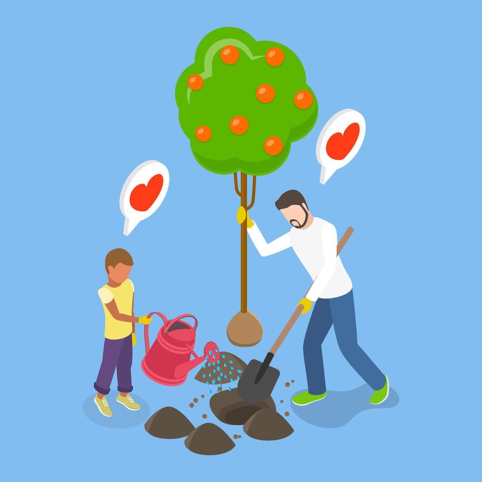 3D Isometric Flat Illustration of Family Garden, Parent and Kid Planting a Tree with Watering Can and Shovel vector