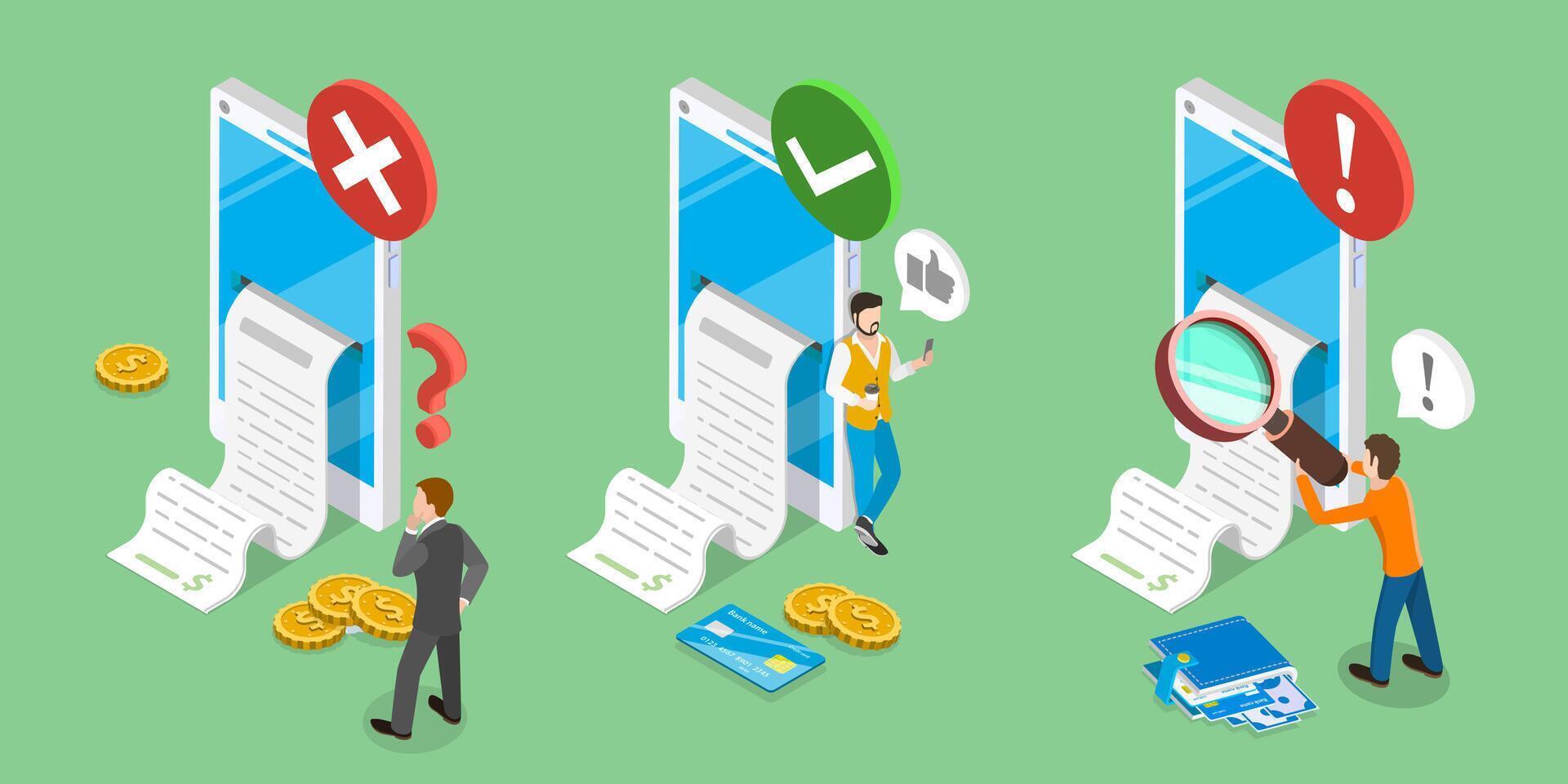 3D Isometric Flat Illustration of Bank Payment Receipt, Success and Error Status Check vector