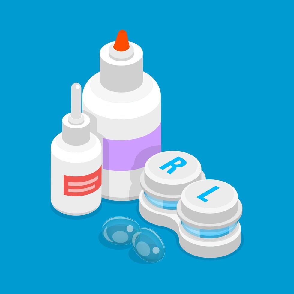 3D Isometric Flat Illustration of Eye Contact Lenses Moisturizing And Care, Vision Correction, Optometry Accessory vector