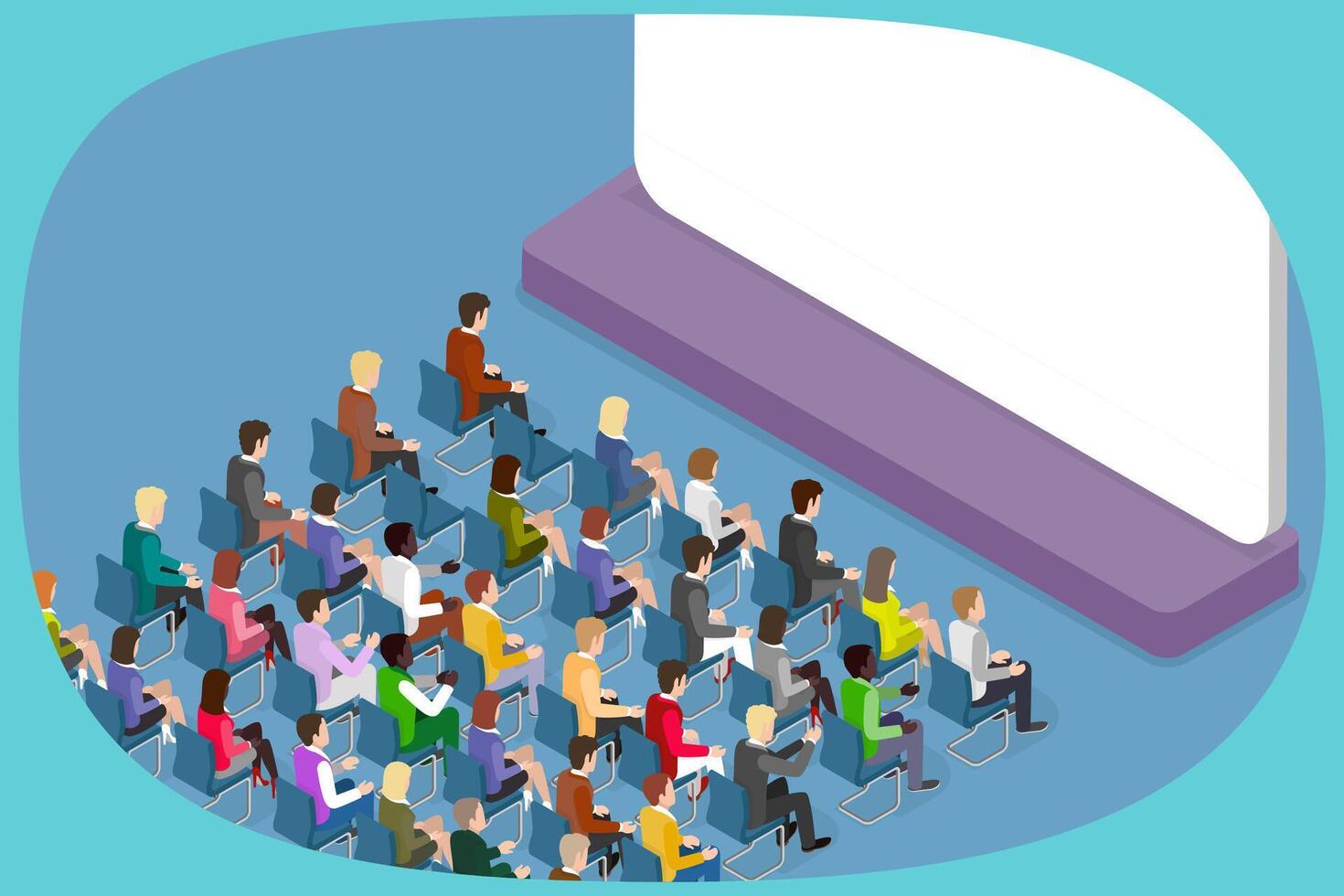 3D Isometric Flat Illustration of Performance On Stage, Audience Seating in Movie Theater, Facing Blank Screen vector