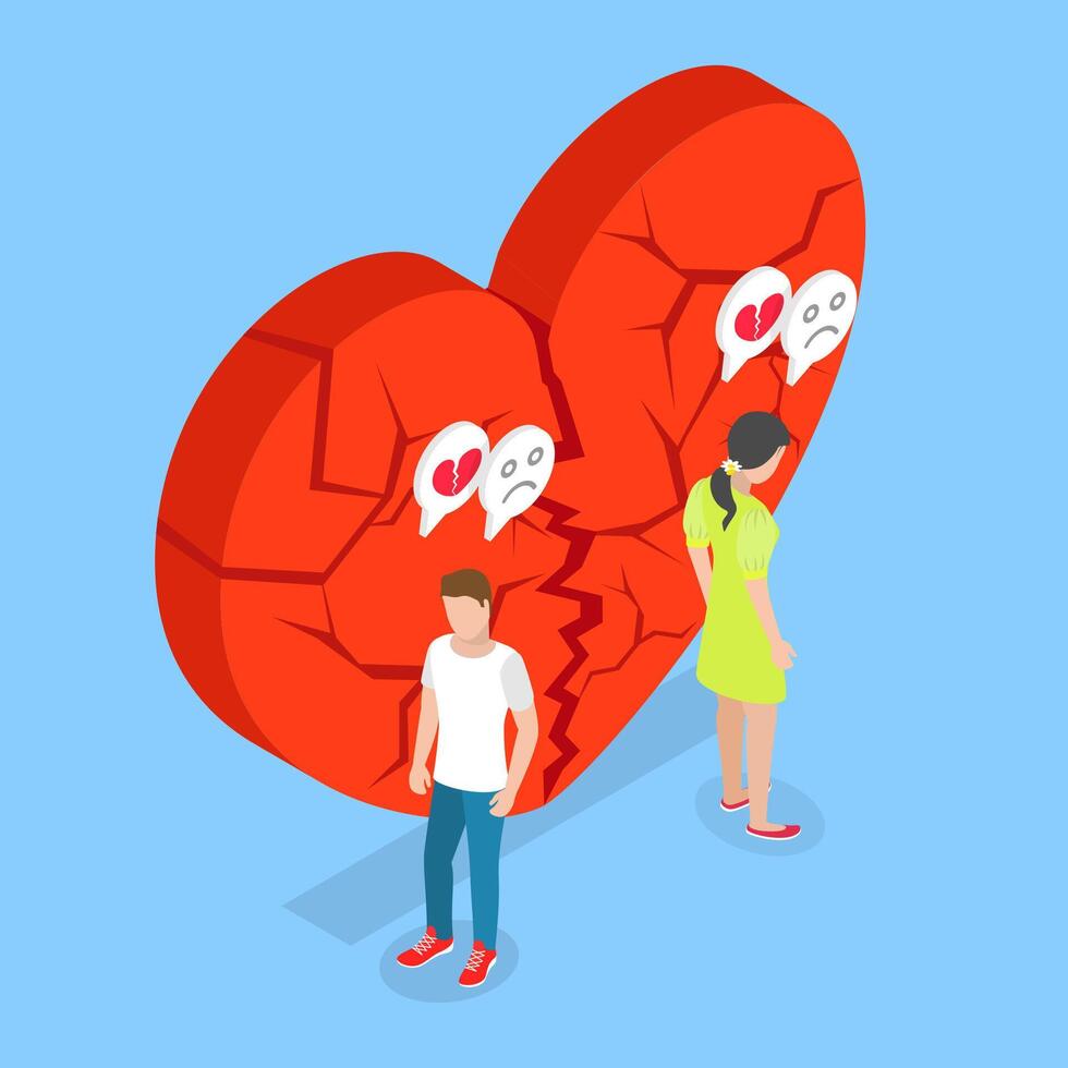 3D Isometric Flat Illustration of Broken Heart, Depressed Man and Woman with a Shattered Heart vector