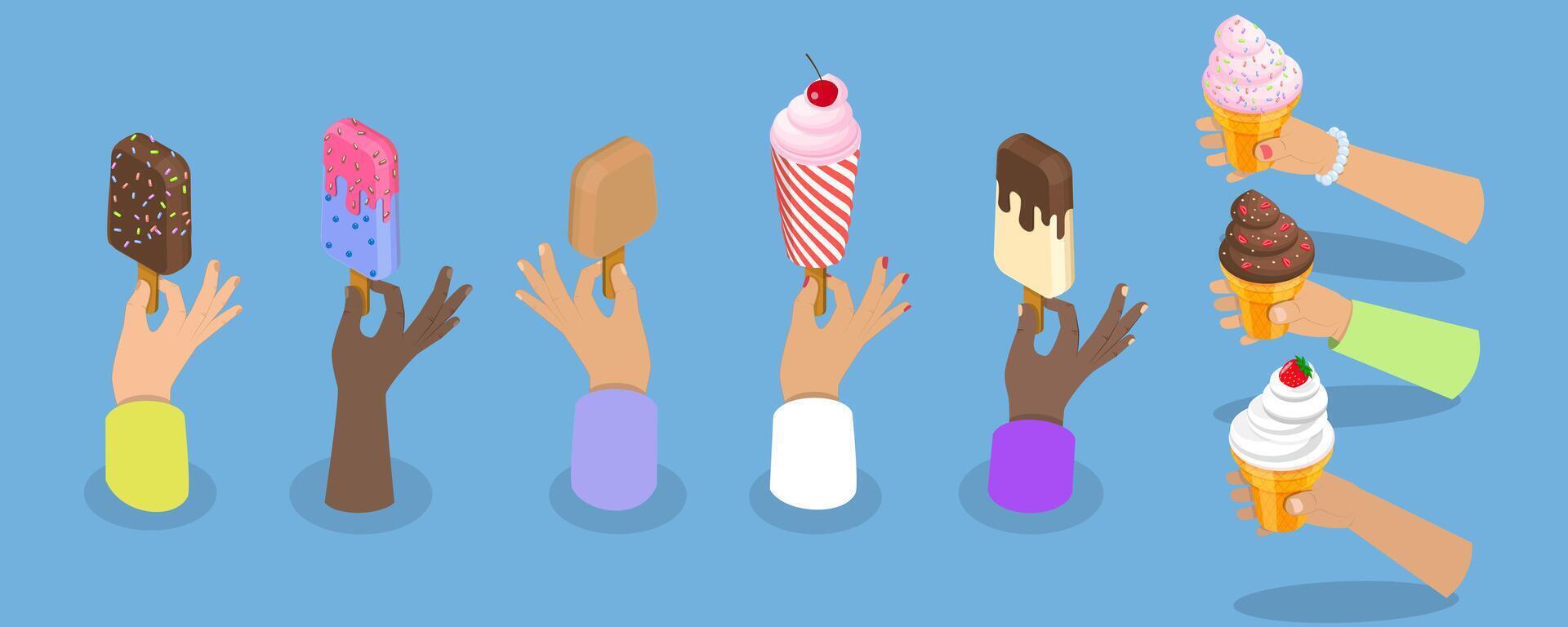 3D Isometric Flat Set of Hands Holding Ice Creams, Food To-go, Cold Frozen Summer Dessert vector