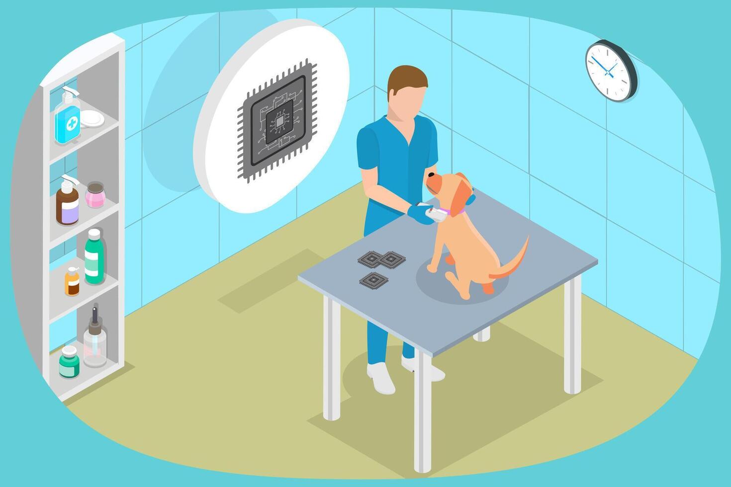 3D Isometric Flat Illustration of Pet Microchipping, Home Animals Microchip Service vector
