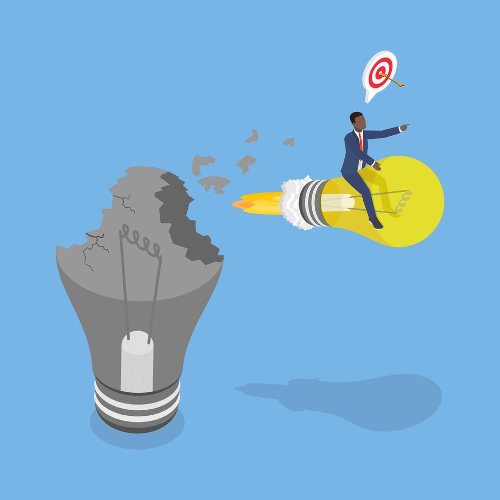 3D Isometric Flat Illustration of Disruptive Innovation, Entrepreneur Leads Industry Change with Innovative Idea vector