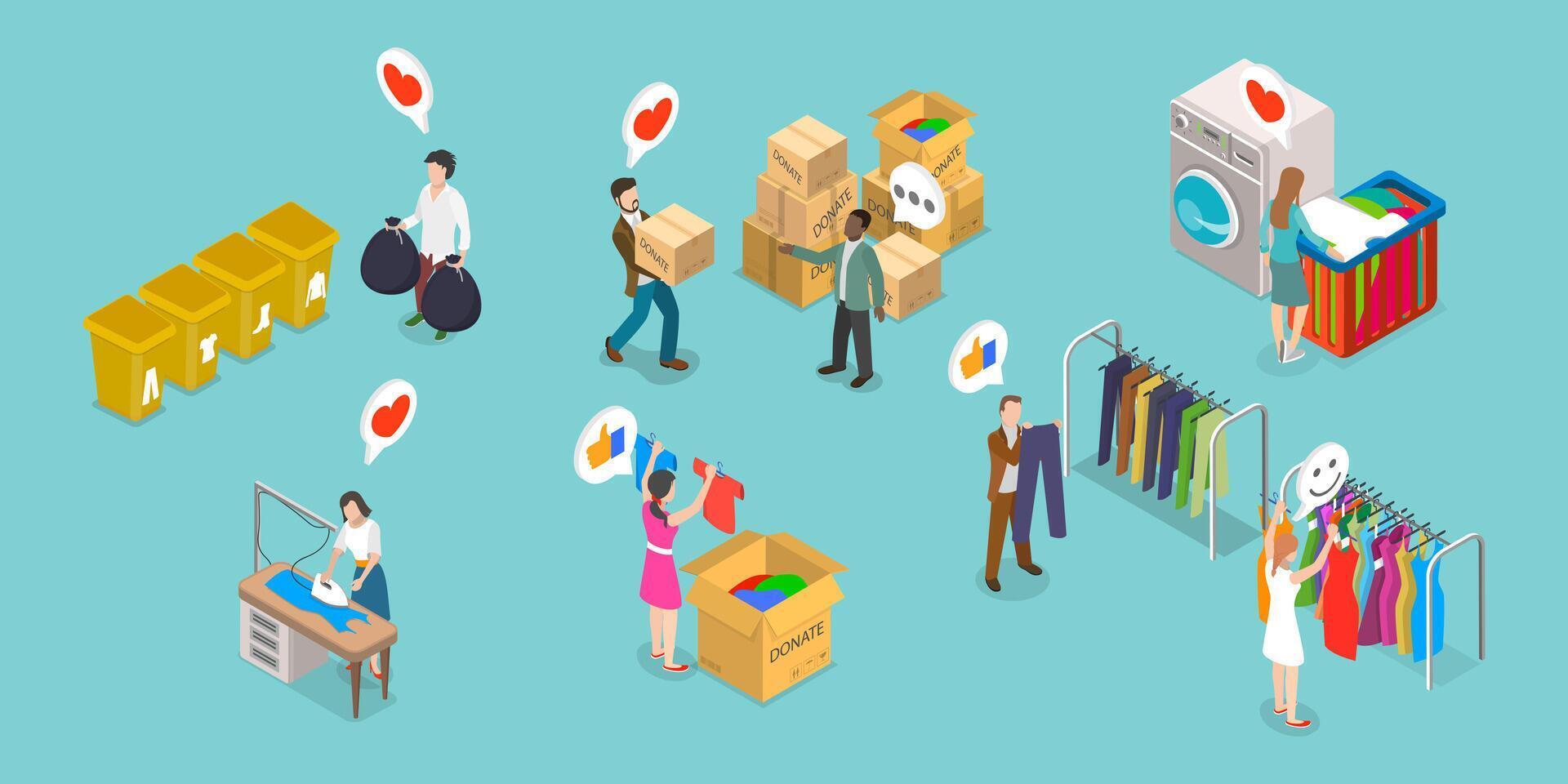 3D Isometric Flat Illustration of Recycling And Donation, Donating Garments To Charity vector