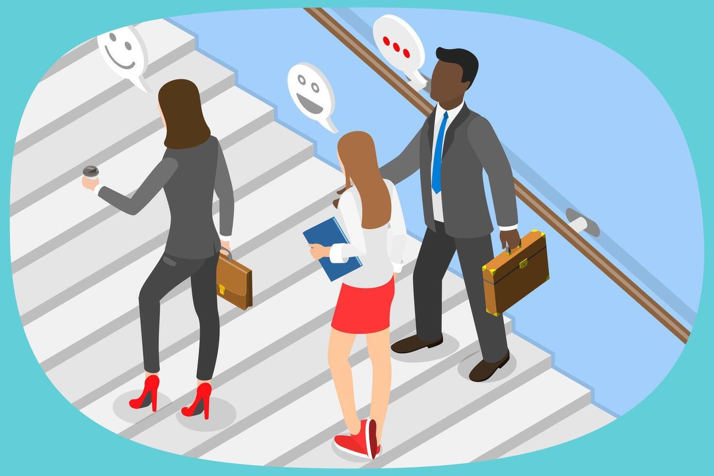 3D Isometric Flat Illustration of Business Professionals Ascending stairs to Office After Coffee Break with Beaming Smiles, Team Spirit at Company vector