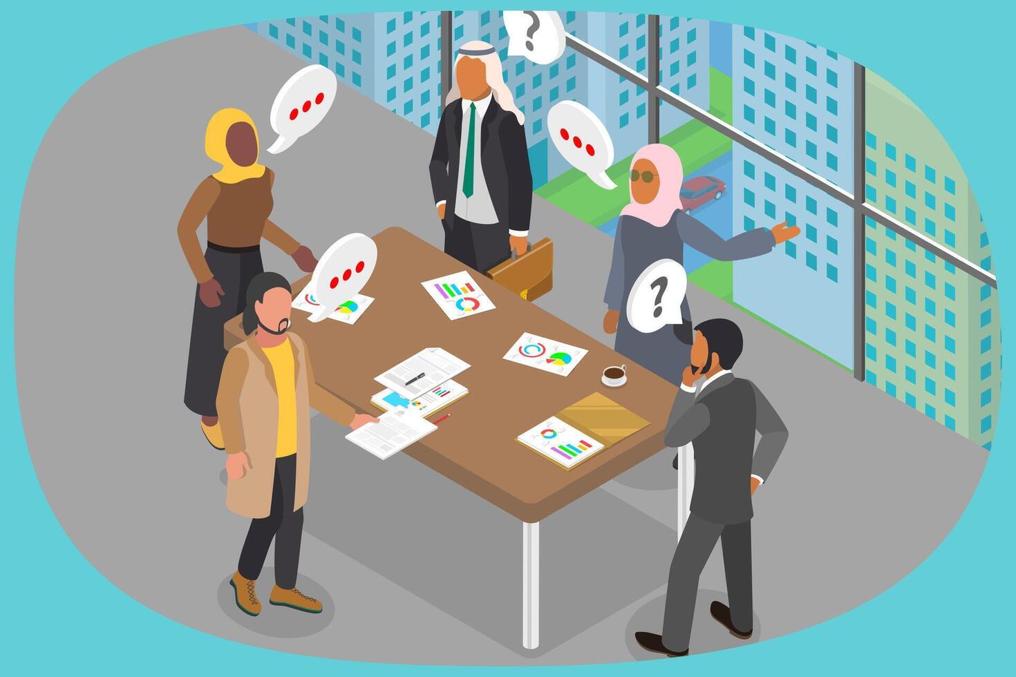 3D Isometric Flat Illustration of Arabic Muslim Business Office, Collaborative Teamwork in the Workplace vector