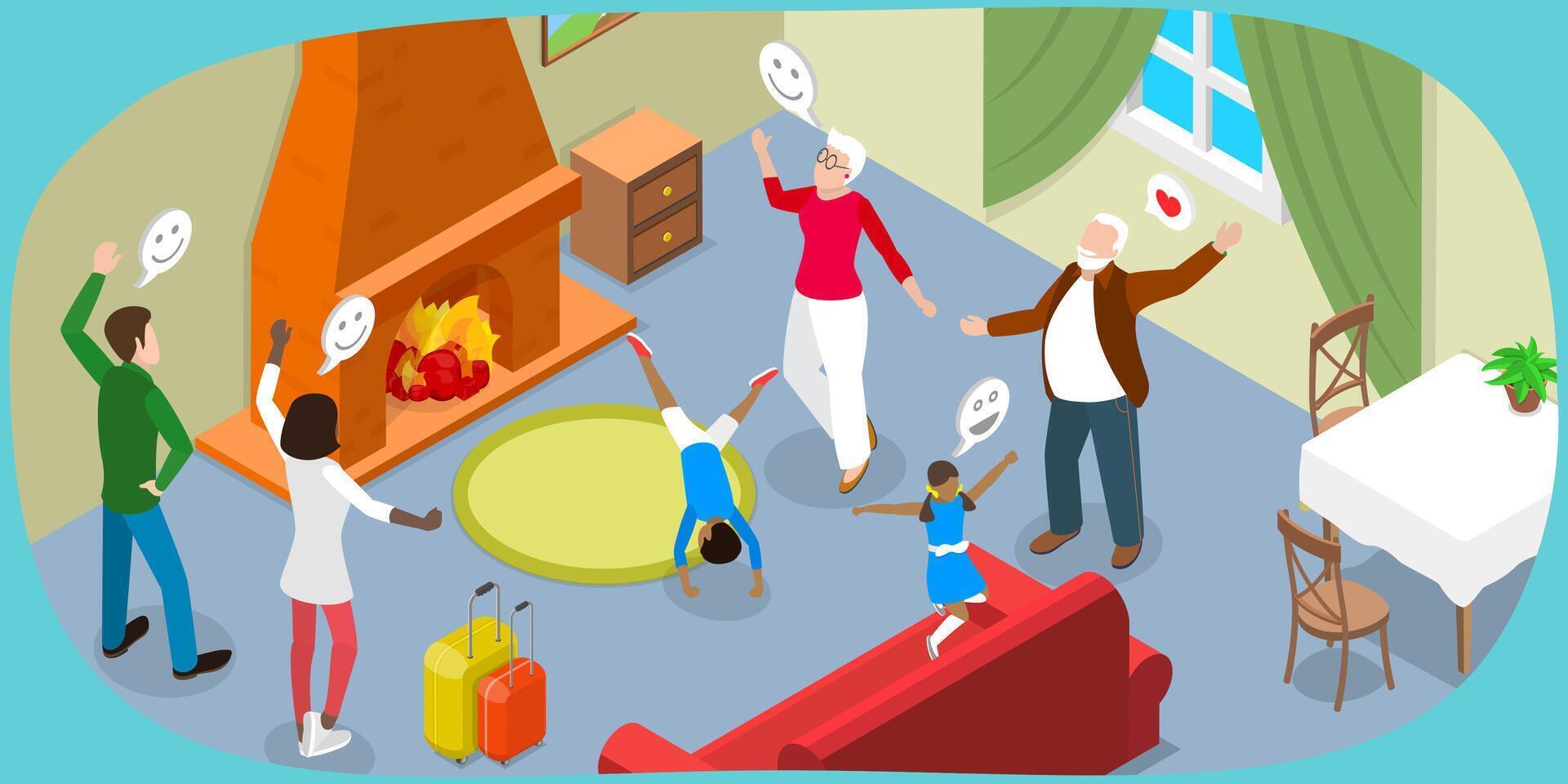 3D Isometric Flat Illustration of Grandparent Home, Visit of Happy Grandchildren vector