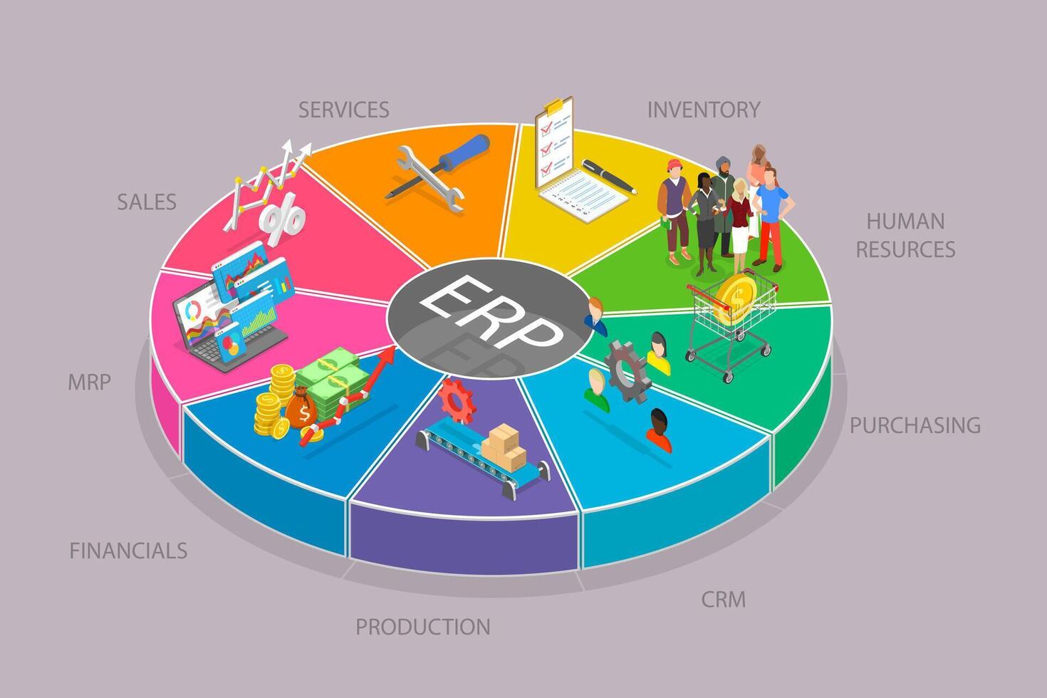 3D Isometric Flat Illustration of Enterprise Resource Planning, EPR Business Management vector
