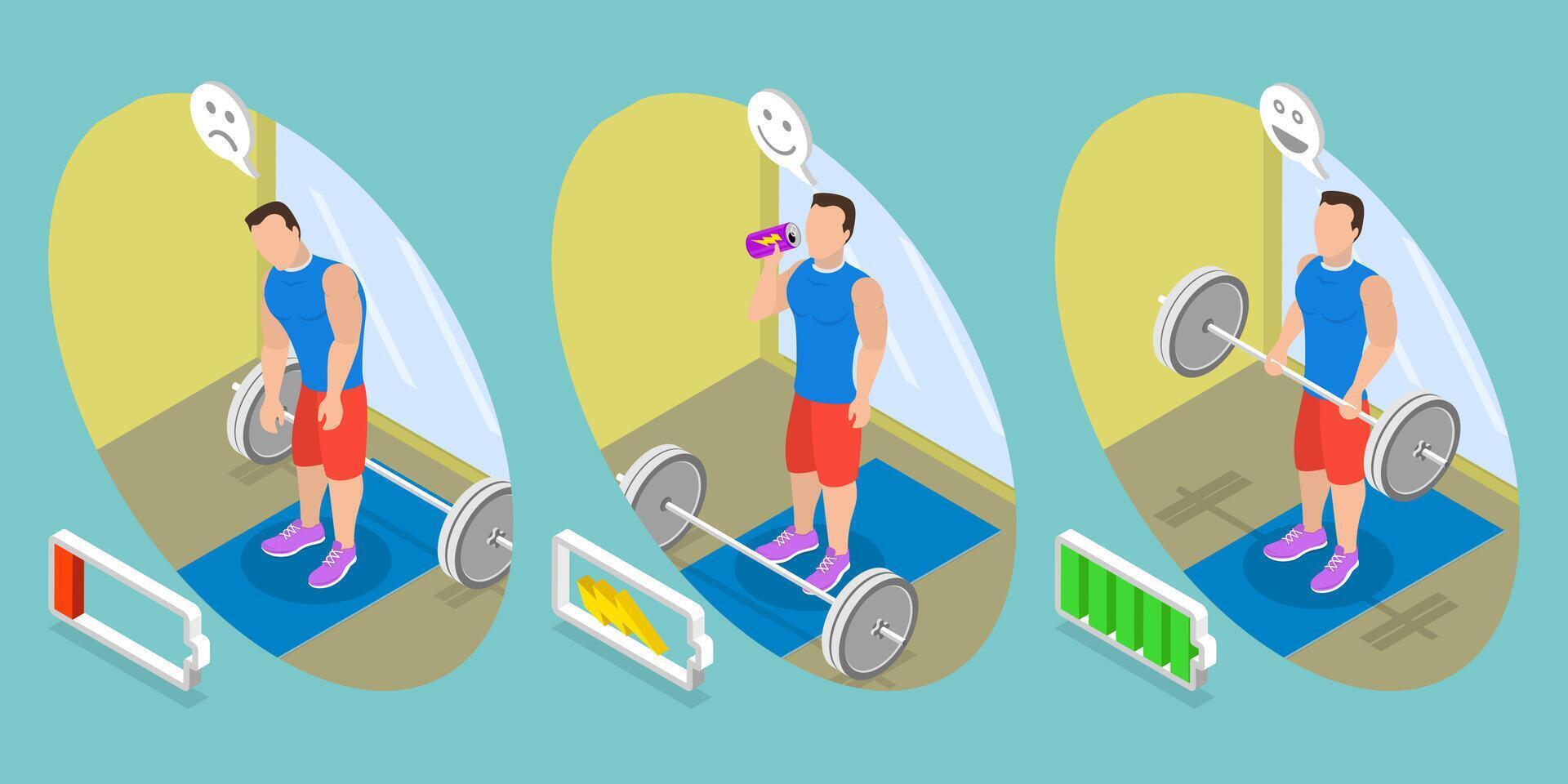 3D Isometric Flat Illustration of Increas Training Power And Productivity , Beverage for Strength and Energy Boost vector