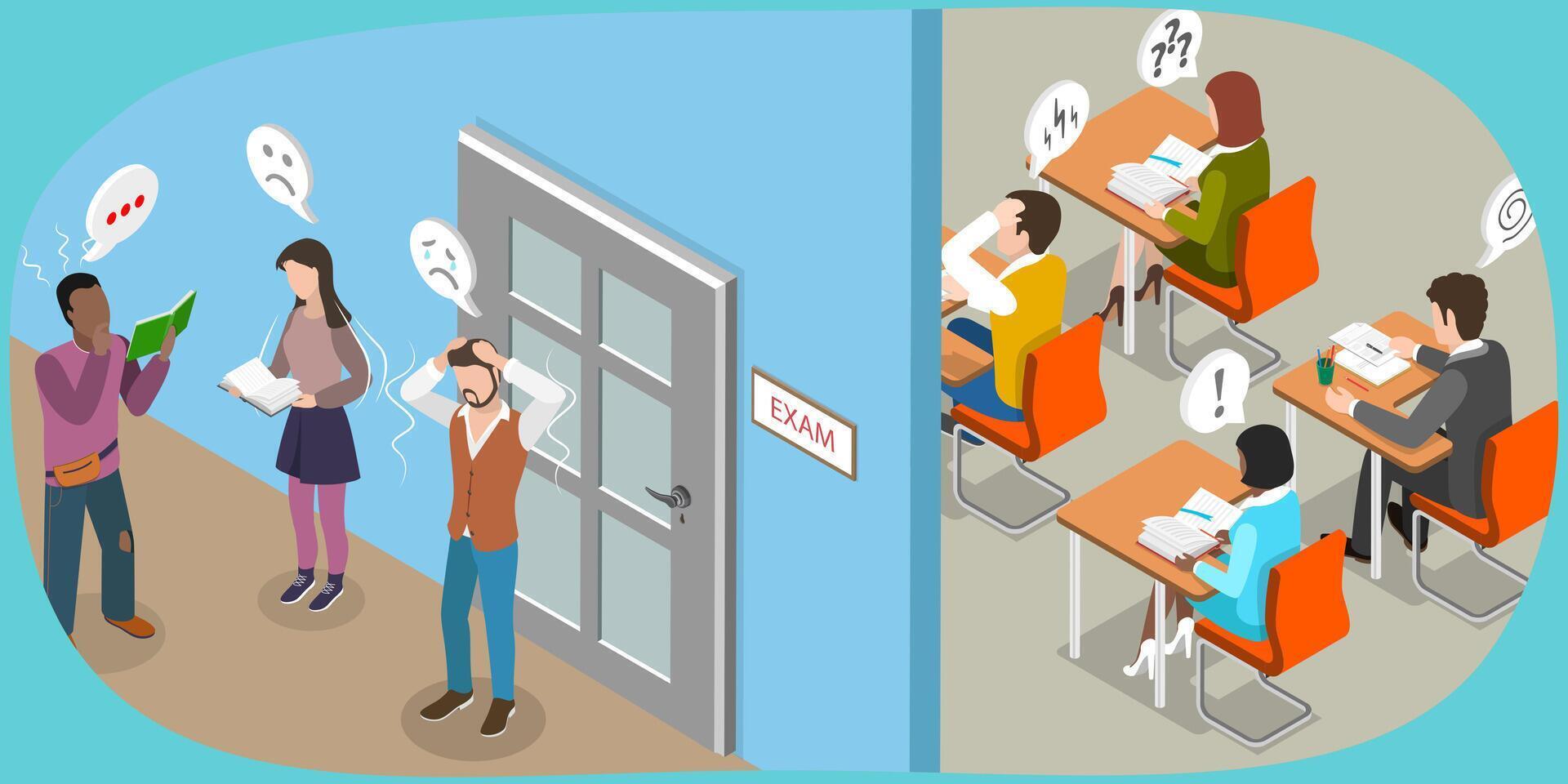 3D Isometric Flat Illustration of Educational Stress, Anxiety Palpable In The Exam vector