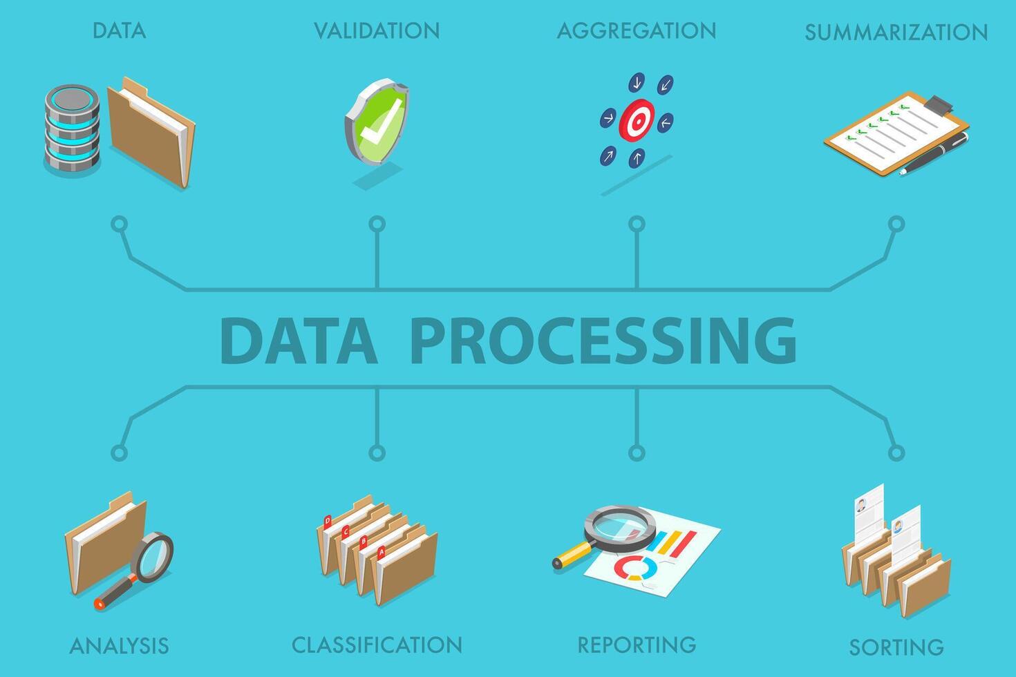 3D Isometric Flat Illustration of Data Processing, Statistics and Analytics vector