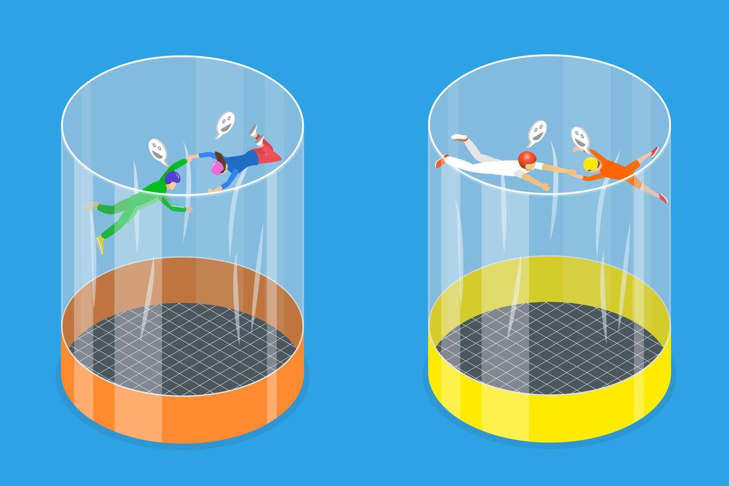 3D Isometric Flat Illustration of Skydivers, Training in Indoor Wind Tunnel for Free Fall Simulation vector