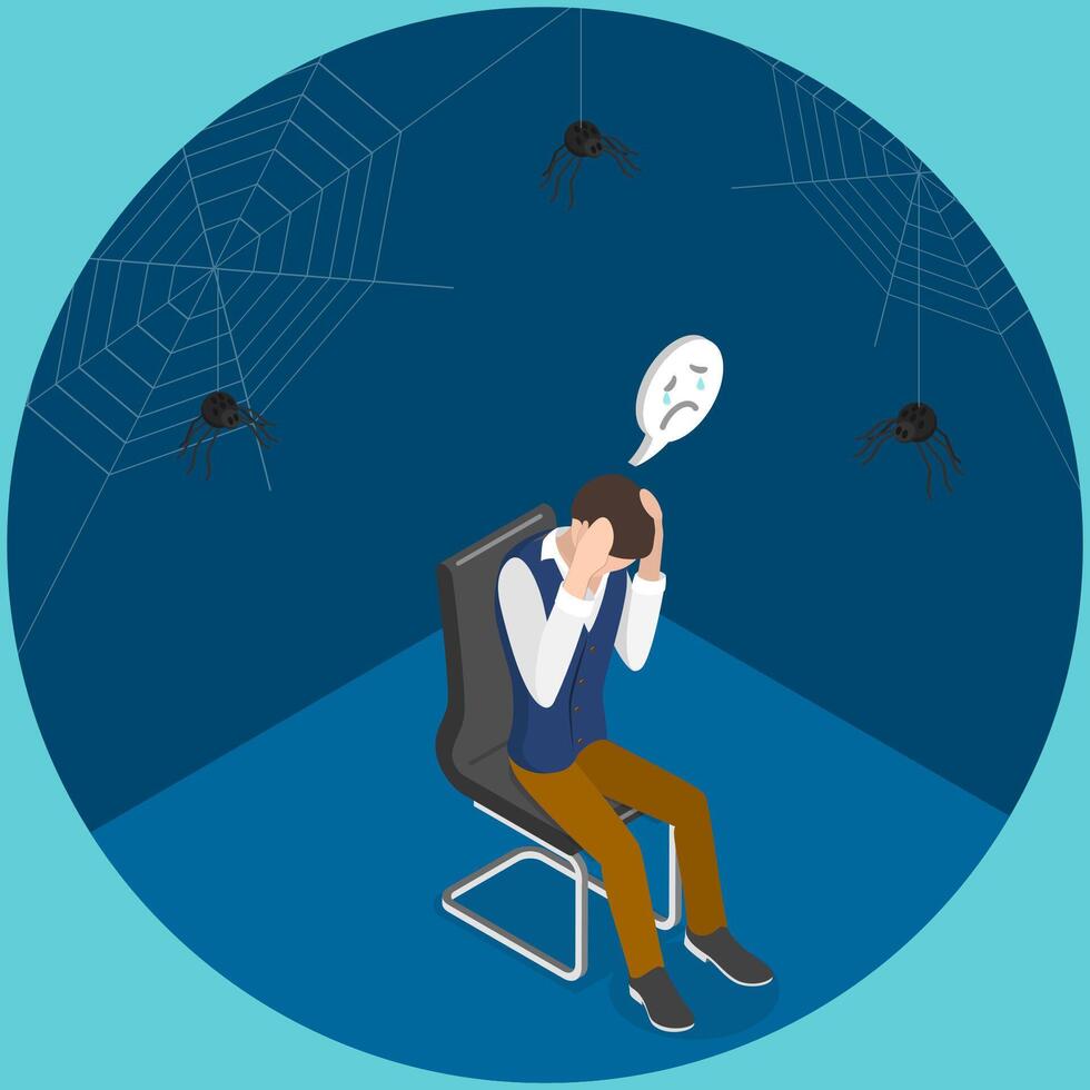 3D Isometric Flat Illustration of Arachnophobia, Fear of Spiders vector