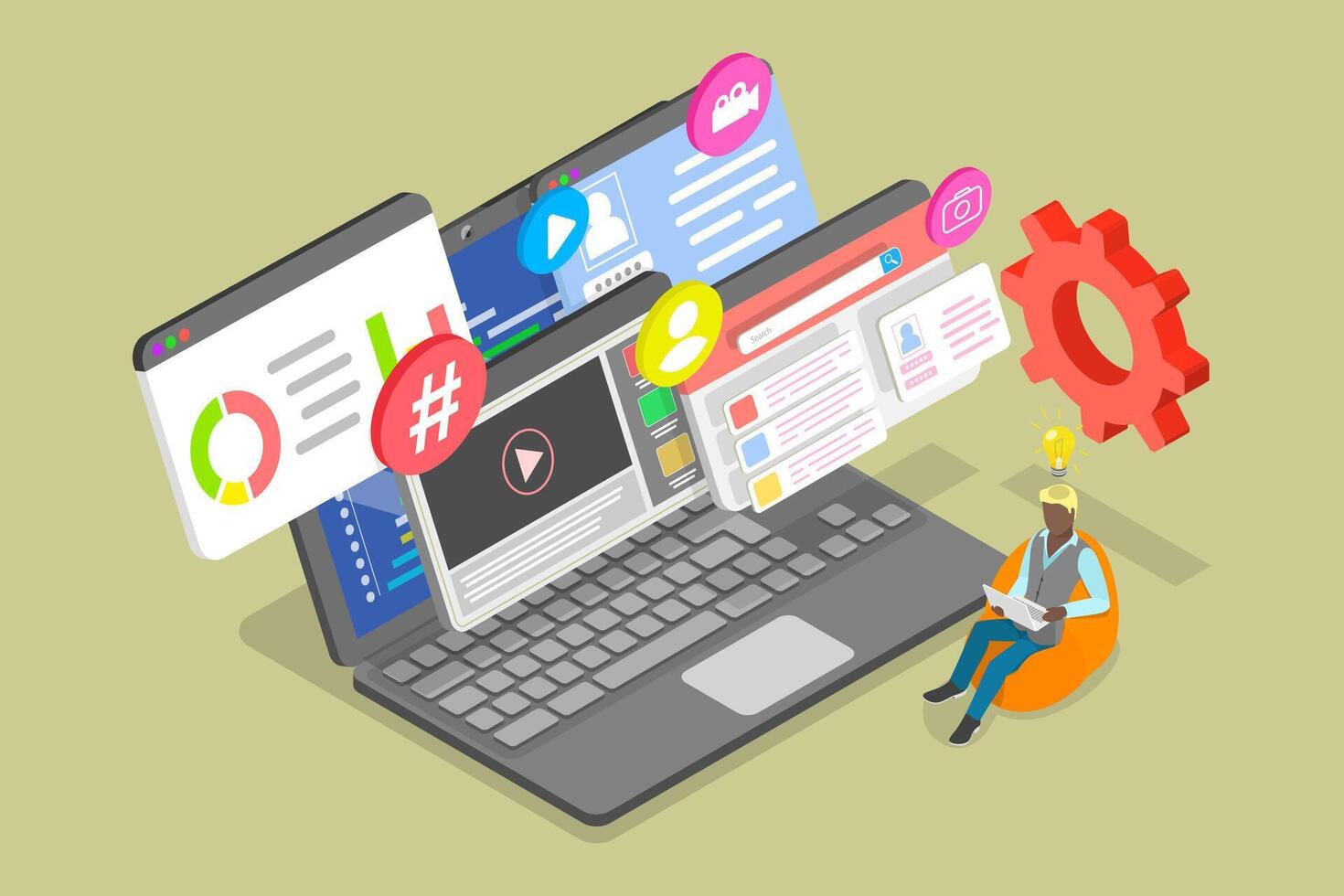3D Isometric Flat Illustration of Web Developer, Programming and Coding vector