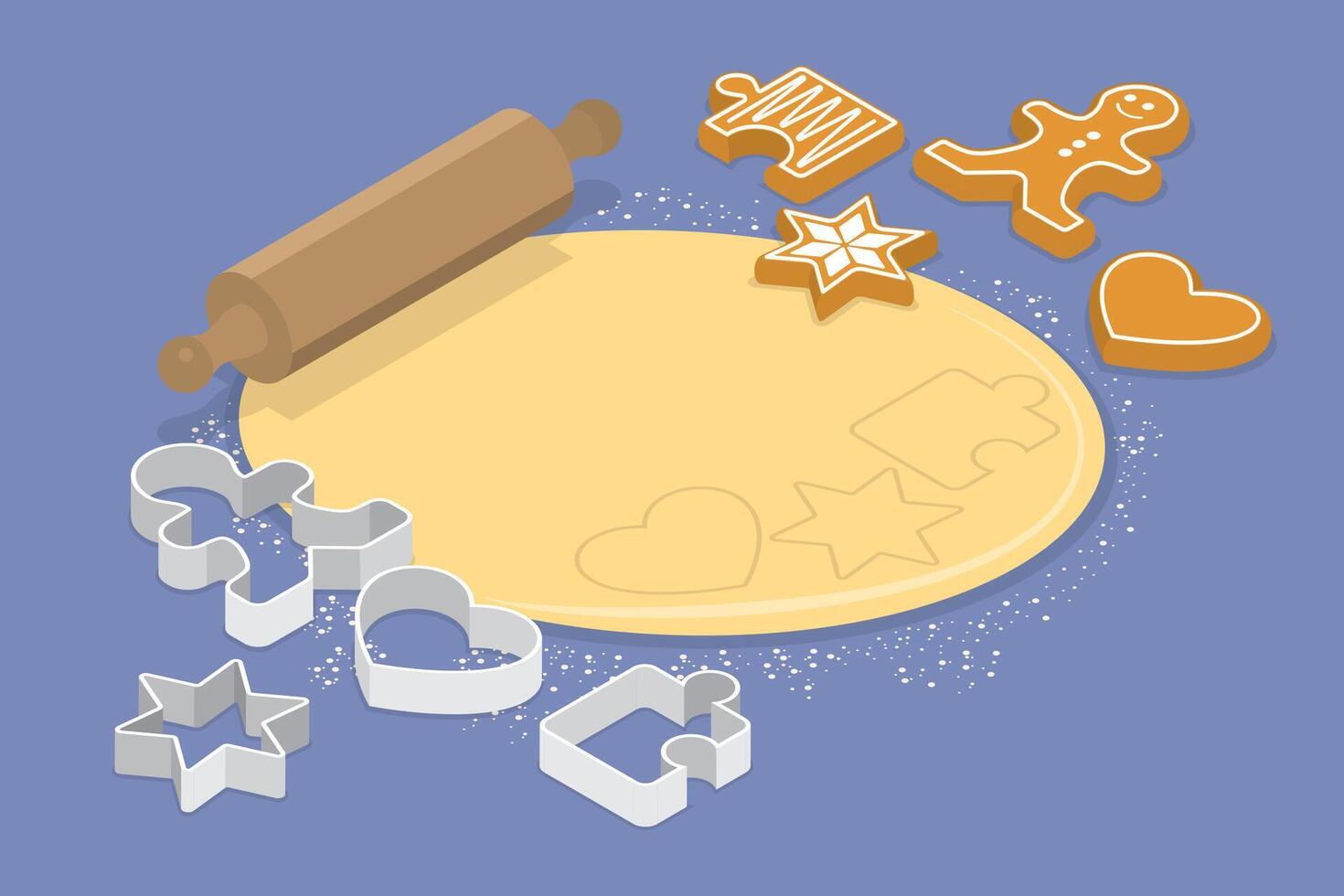 3D Isometric Flat Illustration of Sweet Pastry, Dough, Wooden Rolling Pin, and Cookie Cutters vector