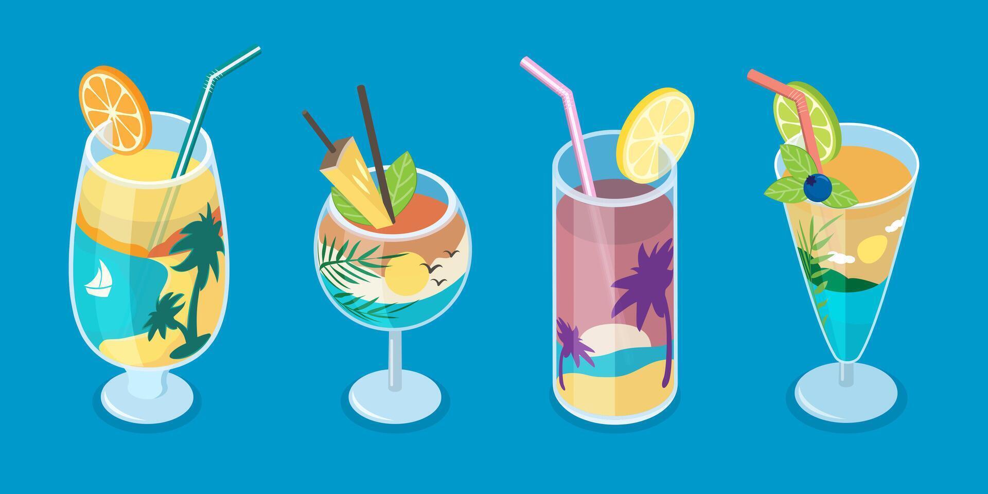 3D Isometric Flat Set of Summer Cocktails, Refreshing Cold Drinks vector