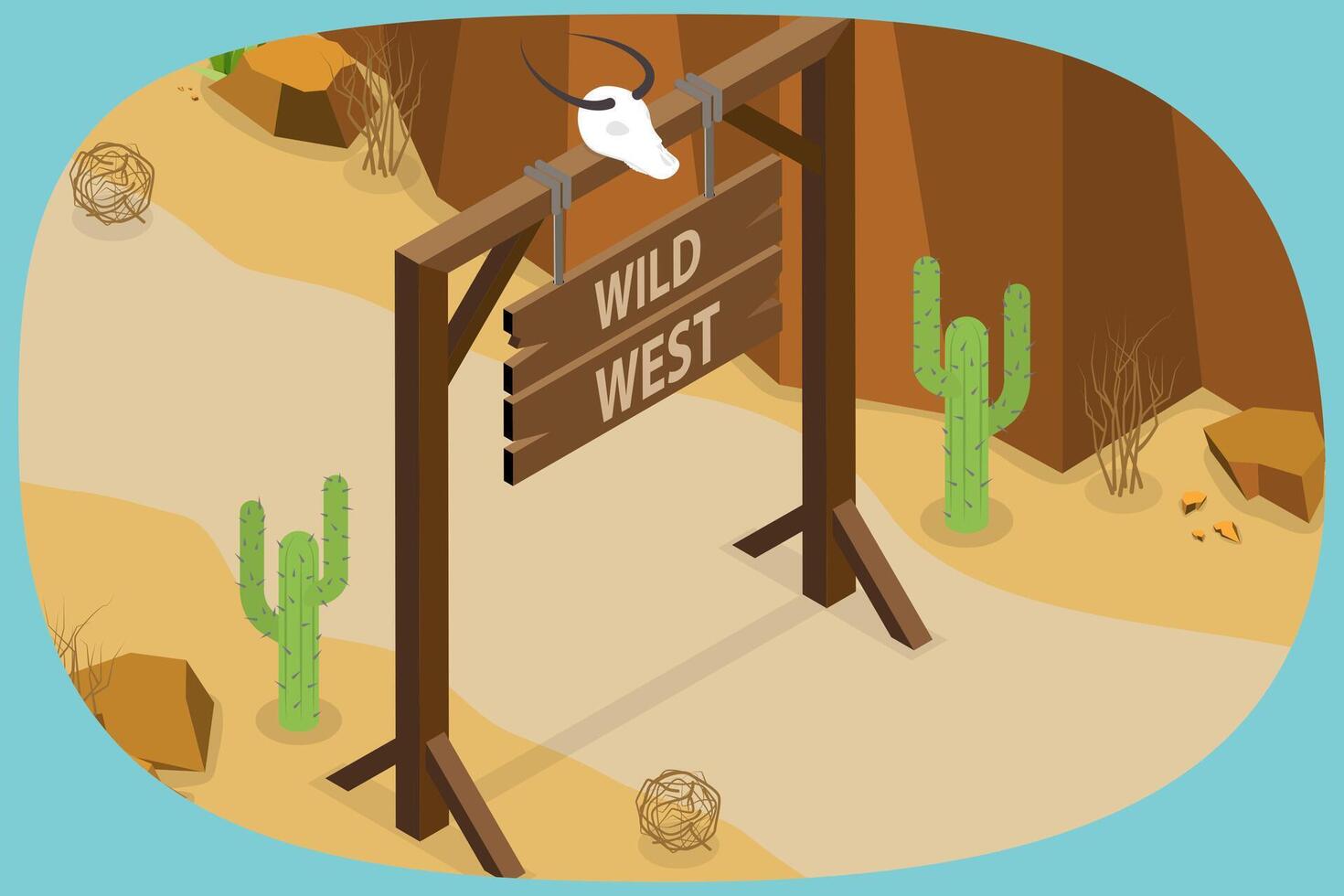 3D Isometric Flat Illustration of Wild West Composition, Cacti, Trees and Wooden Gates vector
