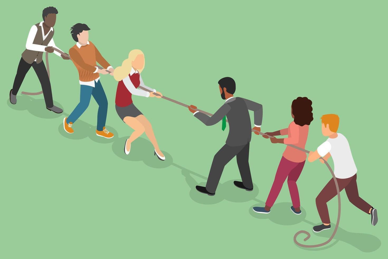 3D Isometric Flat Illustration of Workers Competitors Pull Rope, Active Game for Business Teamwork vector