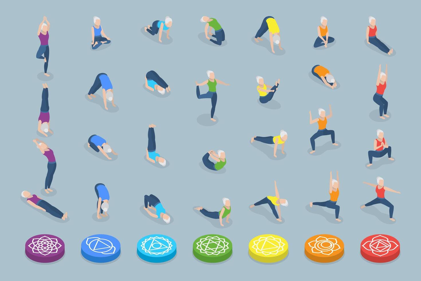 3D Isometric Flat Illustration of Chakra Systems , Collection of Yoga Poses for Women vector