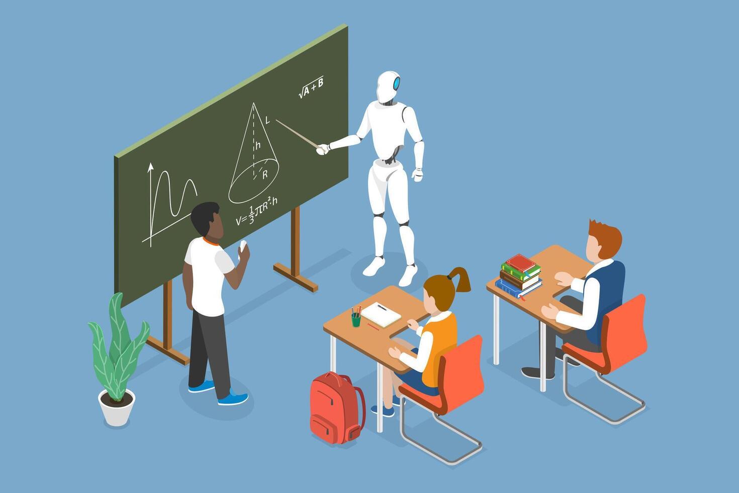 3D Isometric Flat Illustration of Future Education, Collaborative Learning with Robot Teacher and Students in a Classroom vector