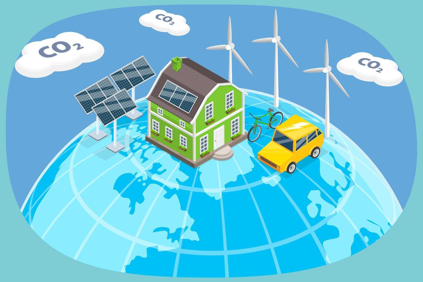 3D Isometric Flat Illustration of Sustainable Environment, Reducing CO2 Emissions vector
