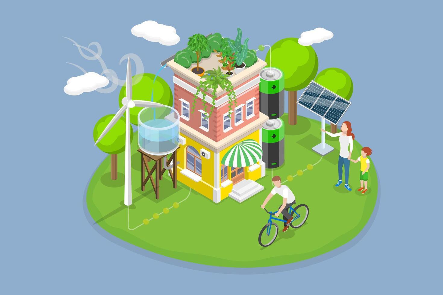3D Isometric Flat Illustration of Green Energy Initiatives, Ecological House vector